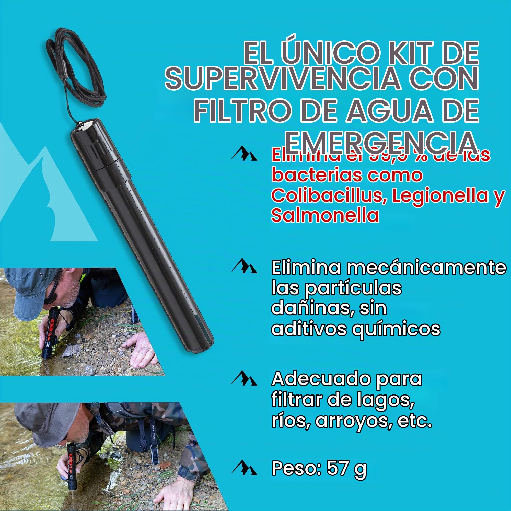 Kit de Supervivencia con Cuchillo, Manta Térmica, Flintlock, Bolígrafo de Defensa Personal, Hacha Multifunción | para Camping, Rescate | El único con Filtro de Agua de Emergencia