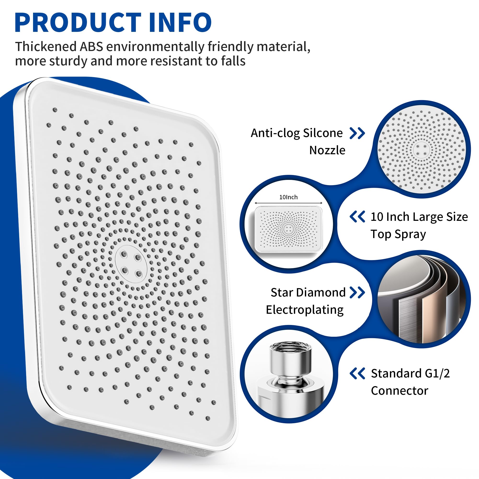 FRIYOYA Water-Saving Rainfall Shower Heads 10 Inch, Square Rain High Pressure Shower Head - Image 2