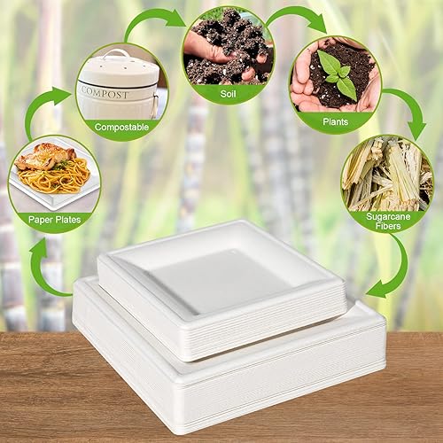 Miniatura 5 de Platos de papel cuadrados, platos de papel de 6 pulgadas, paquete de 100 platos de postre compostables ecológicos, pequeños platos desechables para
