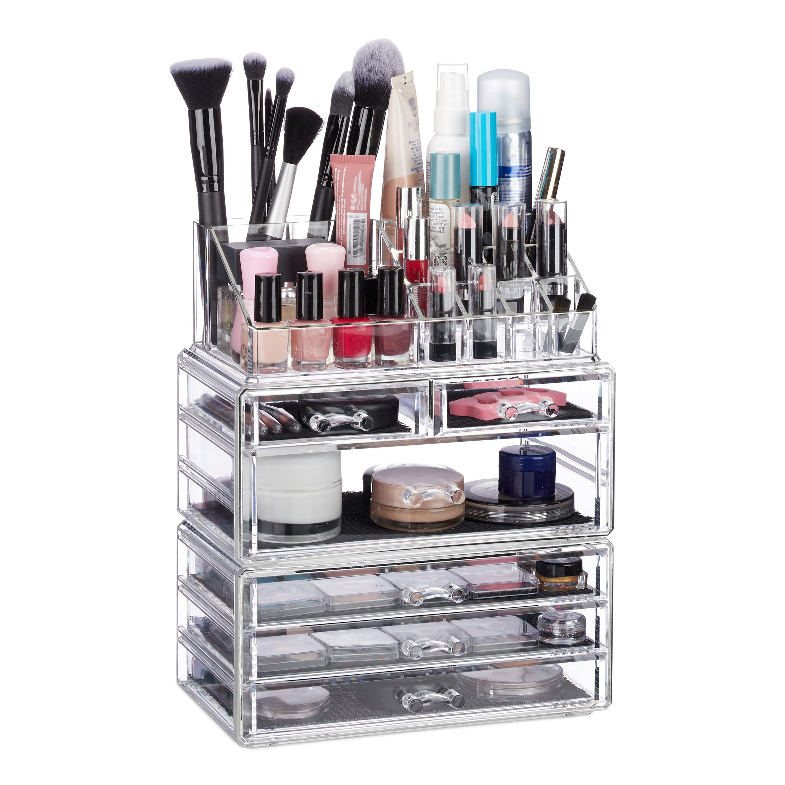 Relaxdays 10024643_50 Organiseur de Cosmétiques 6 Tiroirs 22 Casiers Rangement Make-​Up Tour à Maquillage Acrylique Transparent, Standard
