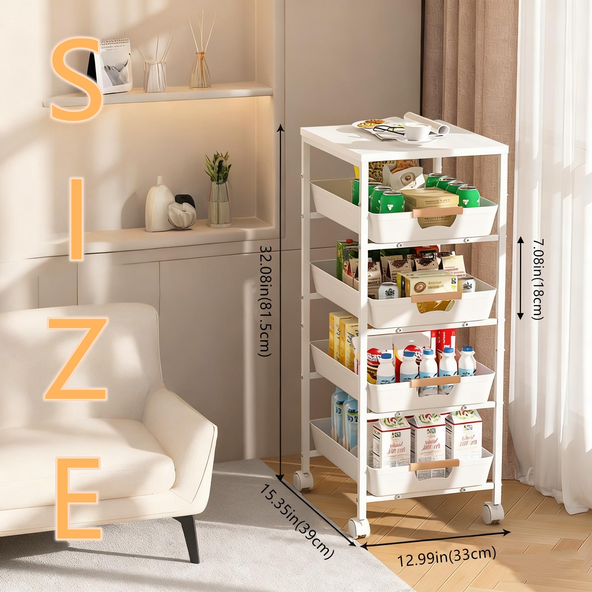 Carrito utilitario rodante de 5 niveles con parte superior y cajones de madera, organizador de almacenamiento con marco de metal con ruedas para cocina, baño, sala de estar, oficina