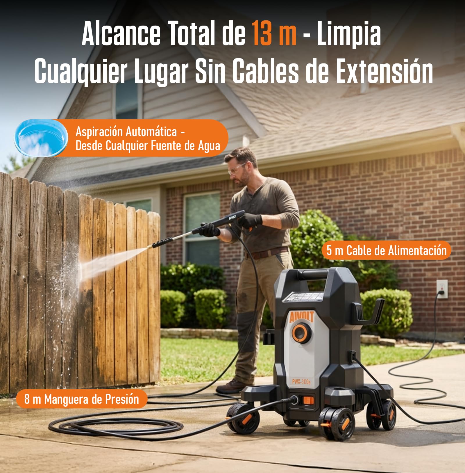 AIVOLT Hidrolimpiadora de Alta Presión 1800W, 170 Bares | con 5 Boquillas de Modos Diferentes y Manguera de 7,6 Metros, Caudal Máx 360 L/H, para Hogar, Suelo, Cristales y Coche ect.