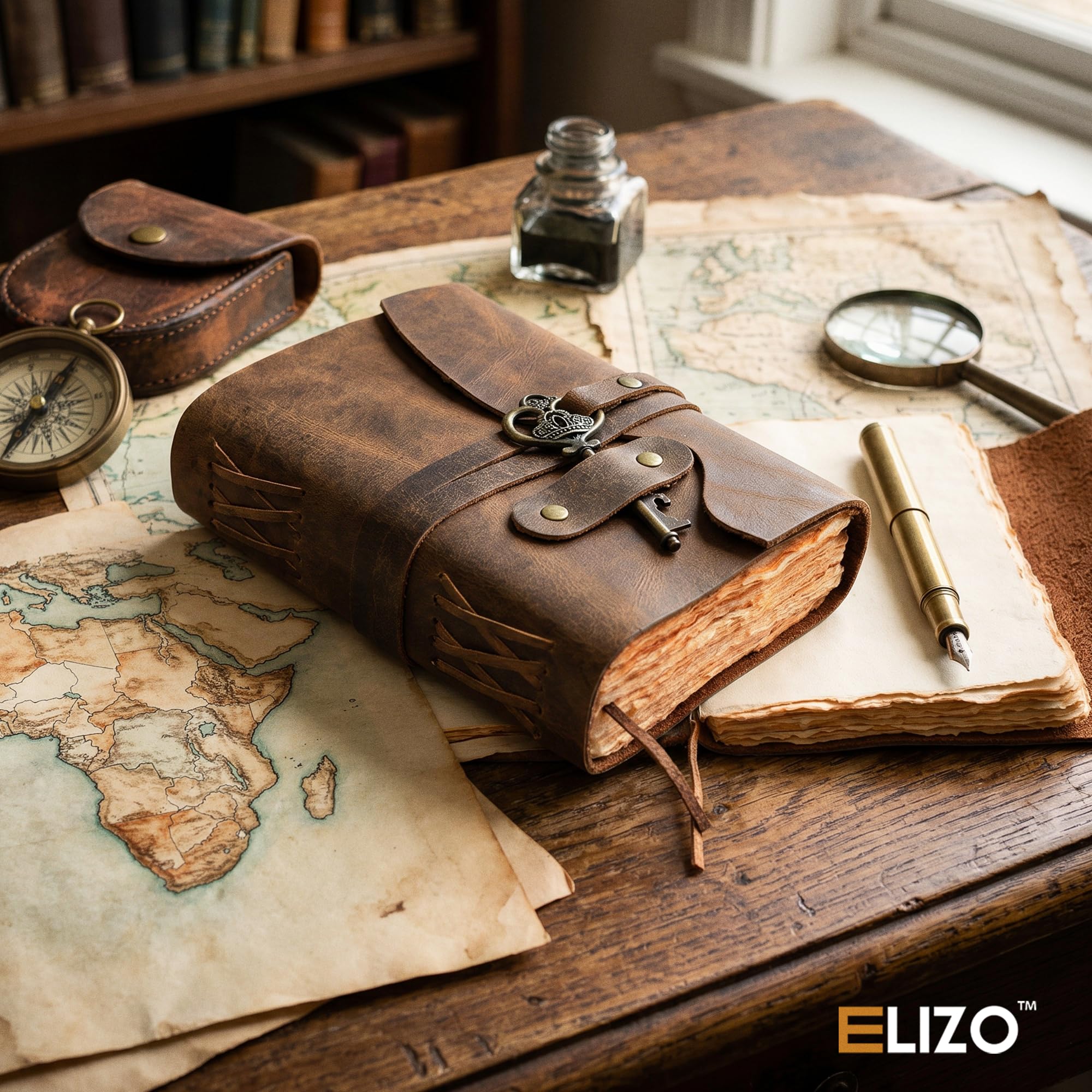 ELIZO Diario vintage in pelle, 200 quaderni fatti a mano con bordo in carta vintage Deckle Edge, diario per donne e uomini, chiusura a chiave, libro delle ombre Grimoire Sketchbook taccuino da viaggio
