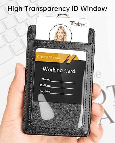 Miniatura 7 de Soporte para tarjeta de identificación, doble, vertical, de piel sintética, con 1 ventana de identificación transparente, 1 ranura para tarjeta y un