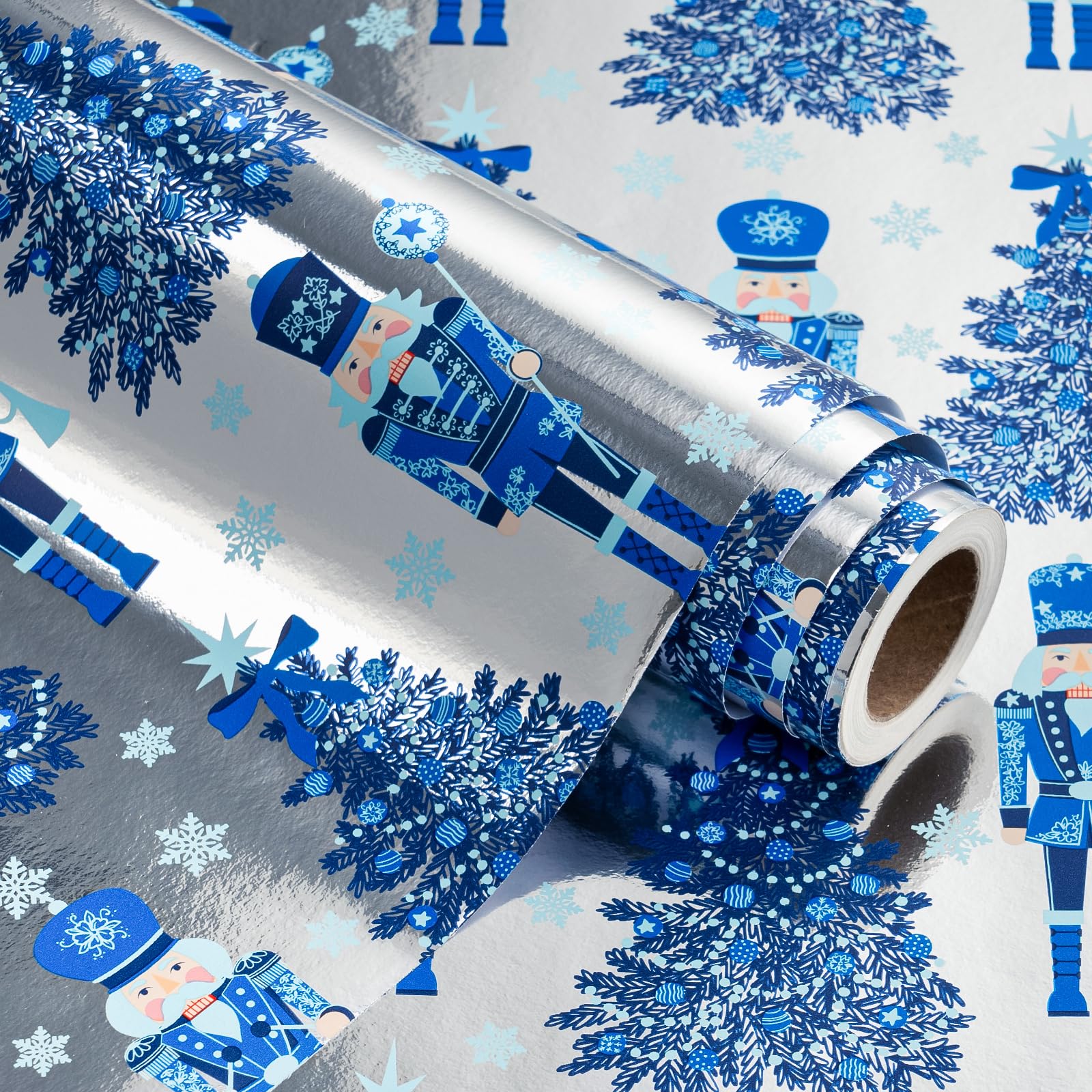WRAPAHOLIC Nutcracker Christmas Wrapping Paper - Mini Roll - 17 Inch x 16.5 Feet - Elegant Blue Winter Tree and Nutcracker Wrapping Paper with Silver Foil Finish for Boys Girls Kids, Christmas, Winter