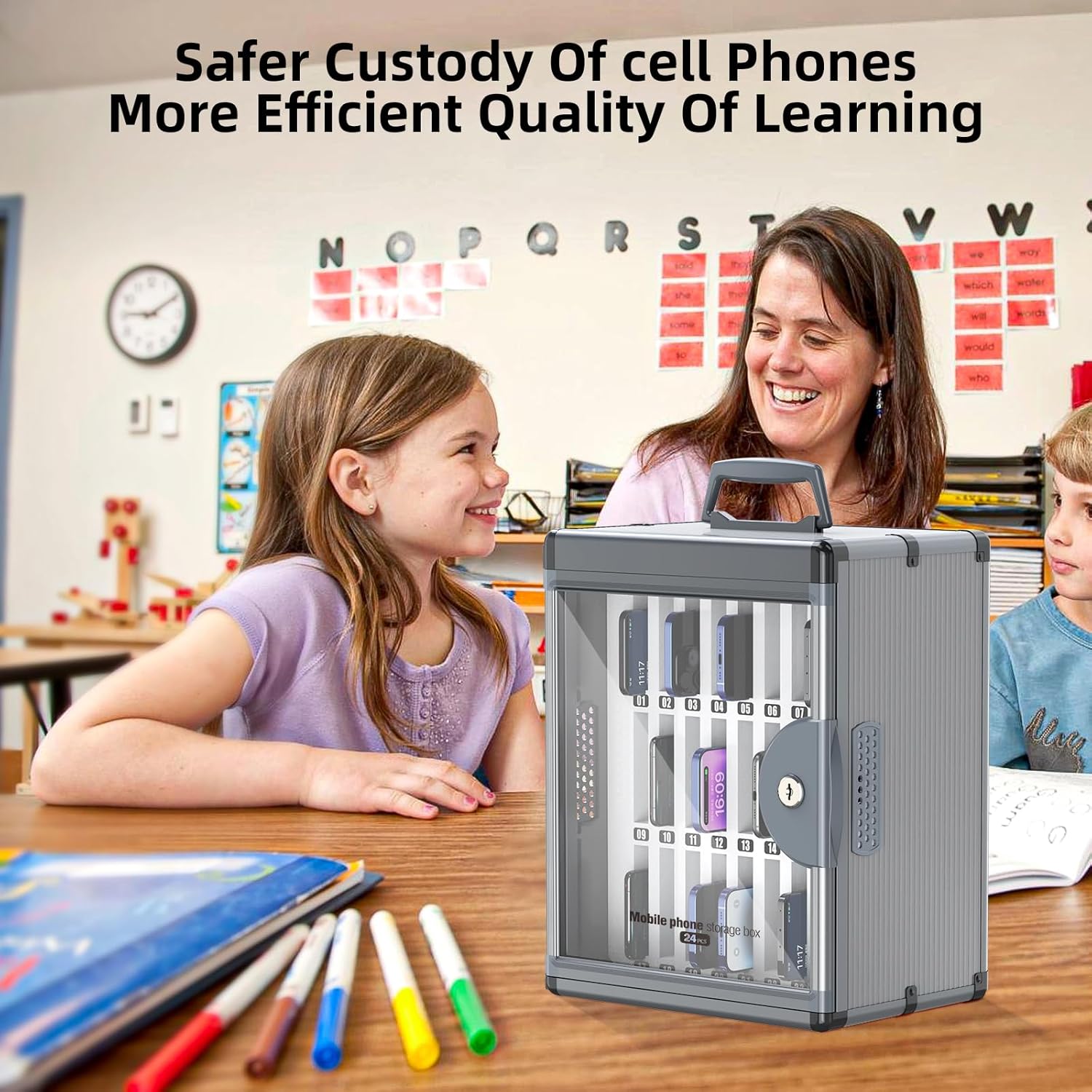 Glosen 24 Slots Cell Phone Locker, Portable Phone Storage Cabinet [Wall Mounted] [Aluminum Alloy] Cellphone Lock Box with Key & Handle for School Classroom Office Exam (Black)