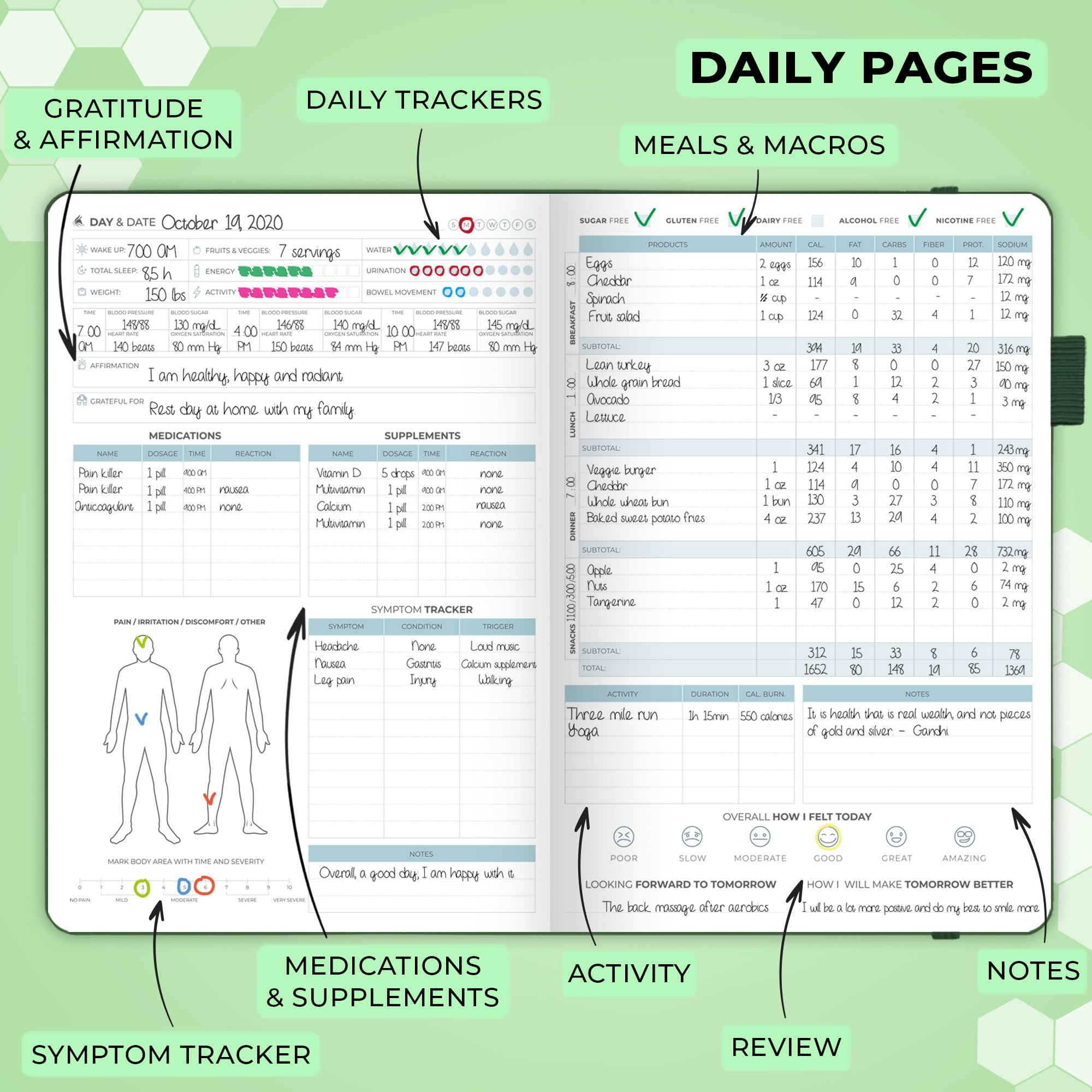 Clever Fox Agenda medica giornaliera – Diario medico sanitario, diario benessere e diario di bordo per monitorare la salute – 3 mesi, senza data, 18 x 26 cm, copertina rigida (verde foresta)