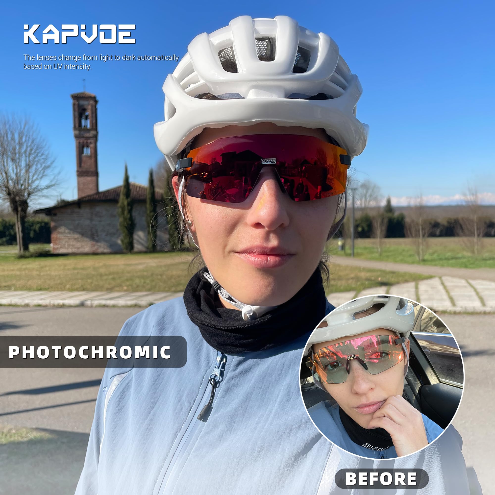 KAPVOE Photochromatische Selbsttönend Fahrradbrille für Herren Damen Klar Rennrad Brille MTB Sportbrille Radbrille UV400 Schutz Randlose Transprante Gläser für Outdoorsports