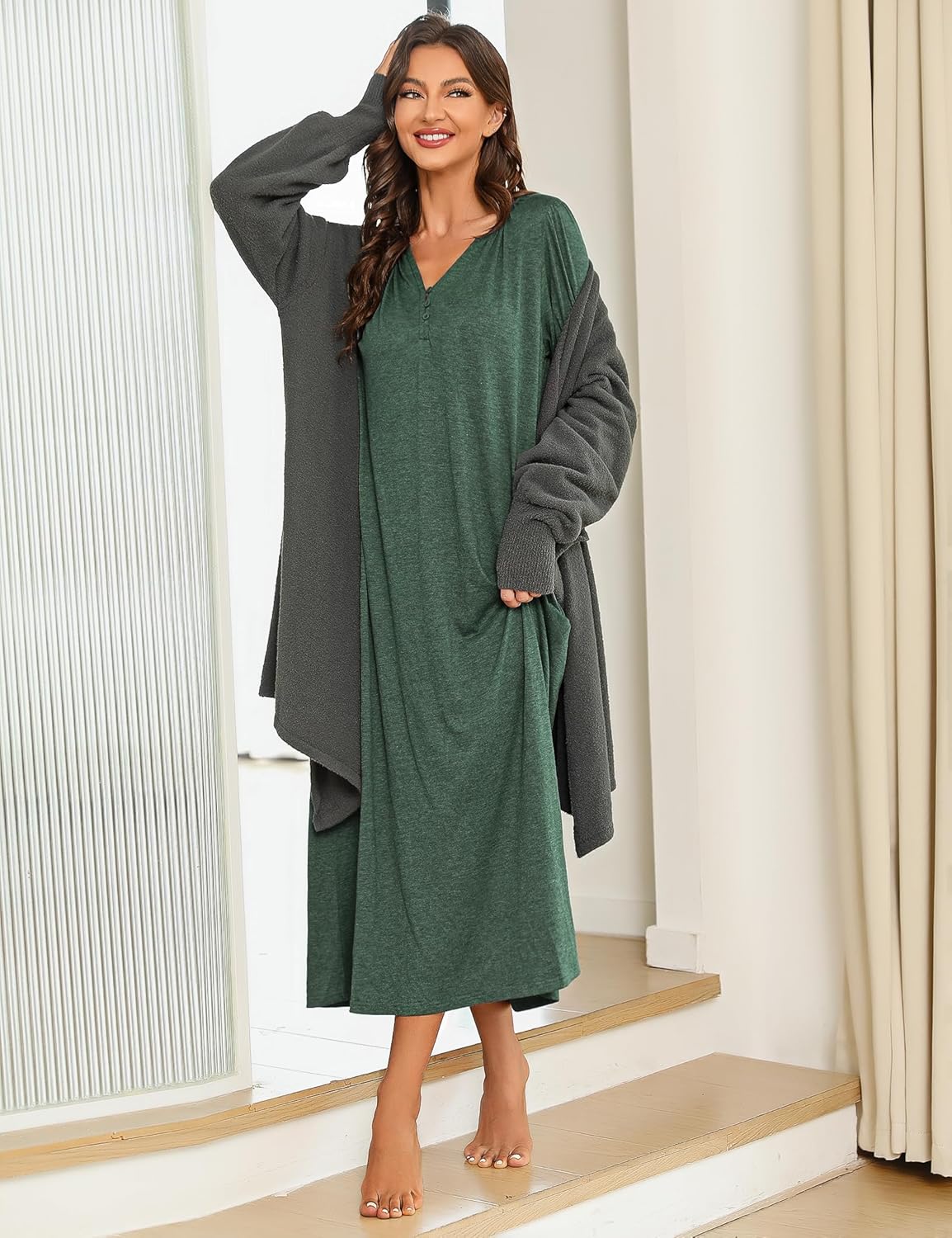 Marvmys Womens Cotton Long Sleeve Nightgown Long Sleepshirts Full Length Henley Sleep Dress with Pockets - Image 8