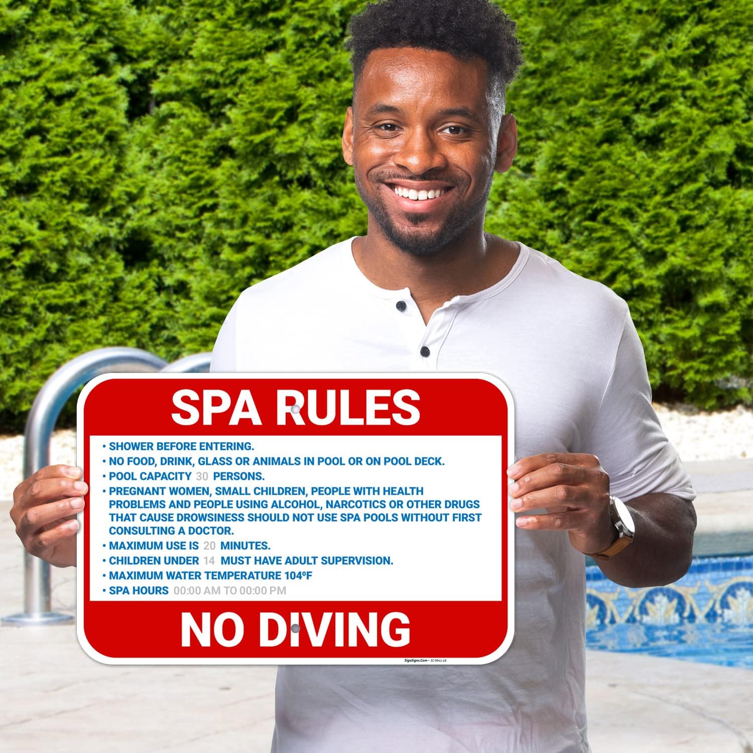 Custom Spa Rules Sign, 12x18 Inches, Rust Free .063 Aluminum, Fade Resistant, Made in USA