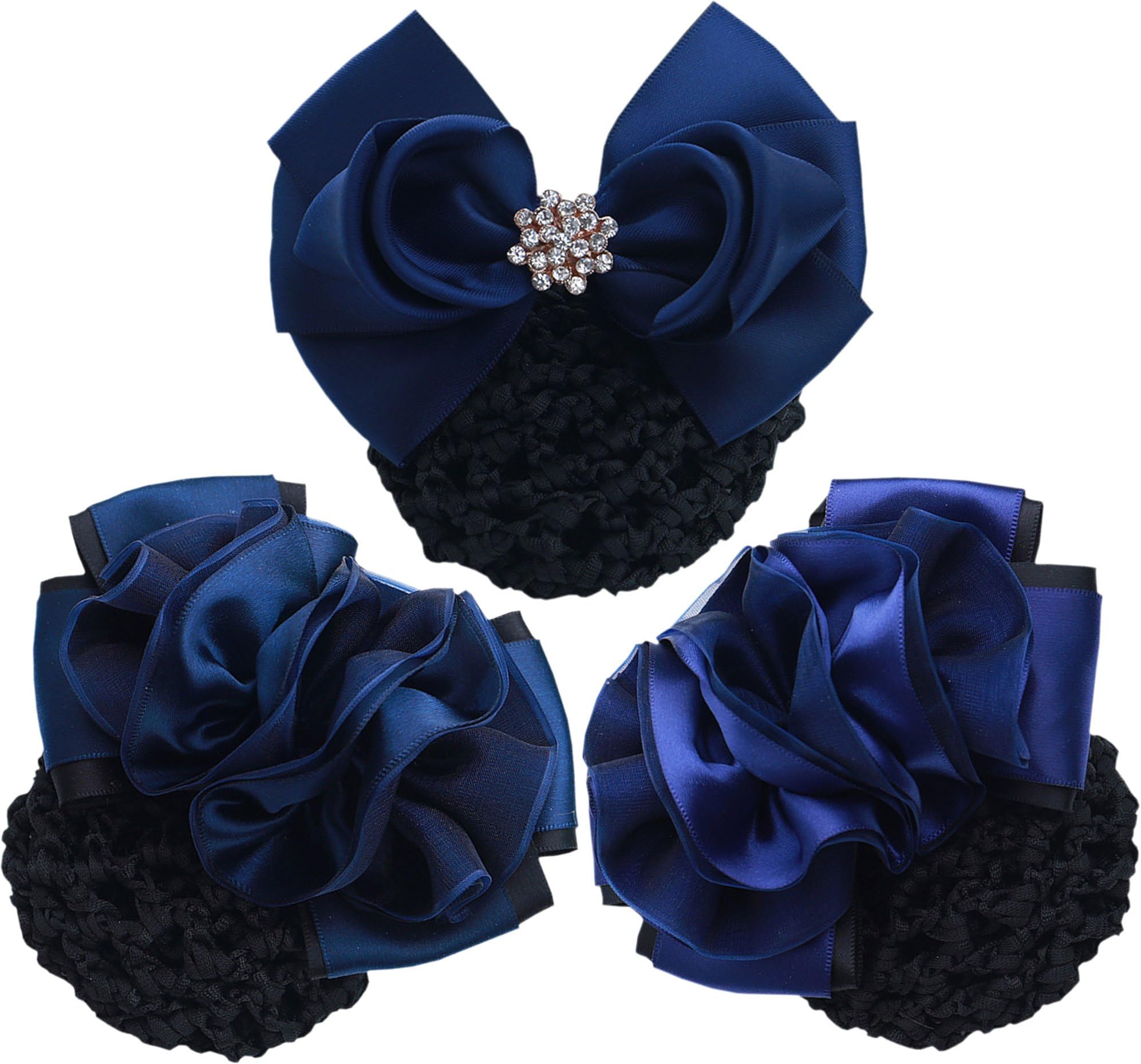 LiveZone (Pack of 3 Pcs) Women Professional Hair Bun Cover Net Snood Hairnet Bowknot Decor Barrette Hair Clip Bow Lace Flower Hair Accessories (Blue 01)