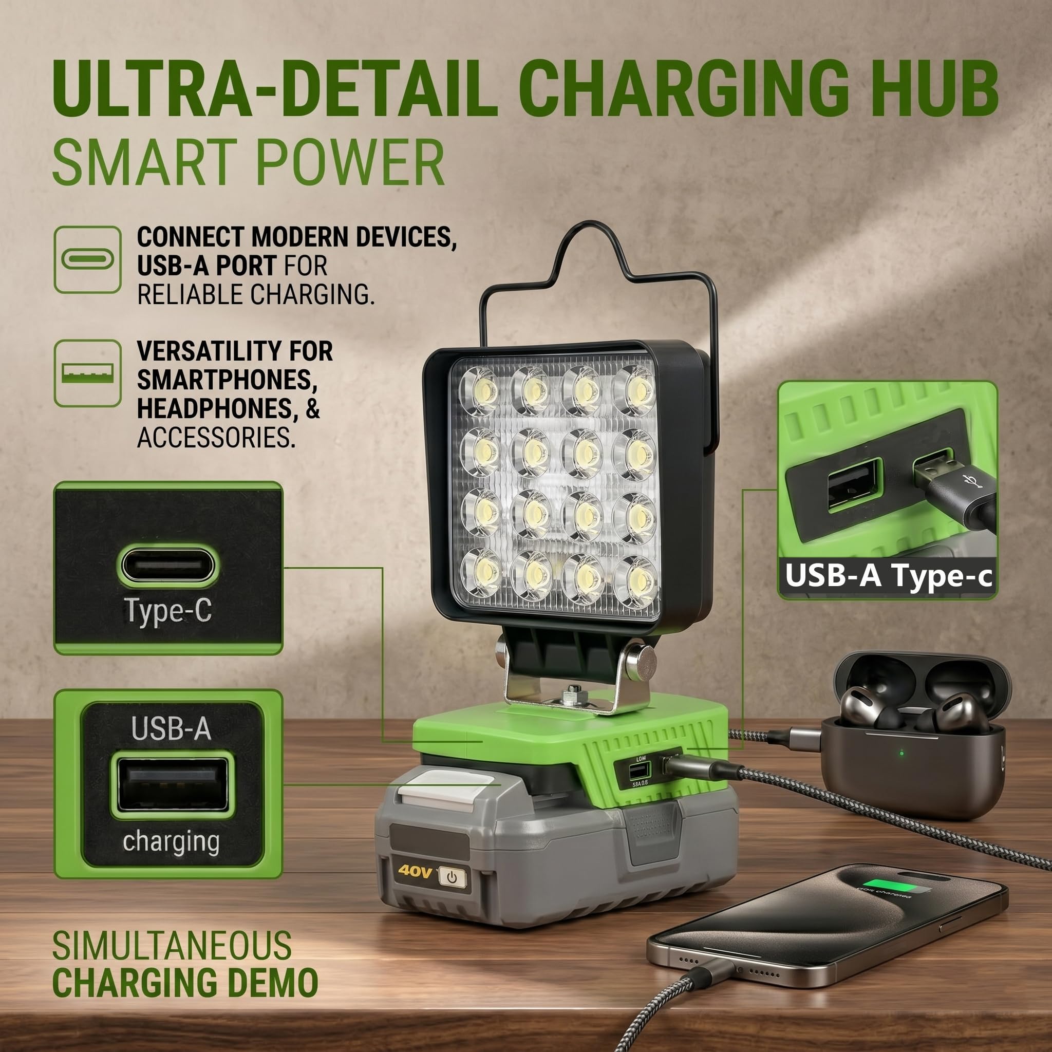Lámpara de trabajo para Ryobi 40 V, 48 W, 6800 lm, luz de inundación inalámbrica portátil con USB y conector de carga rápida tipo C para herramientas Ryobi, foco LED para camping, pesca, taller (no