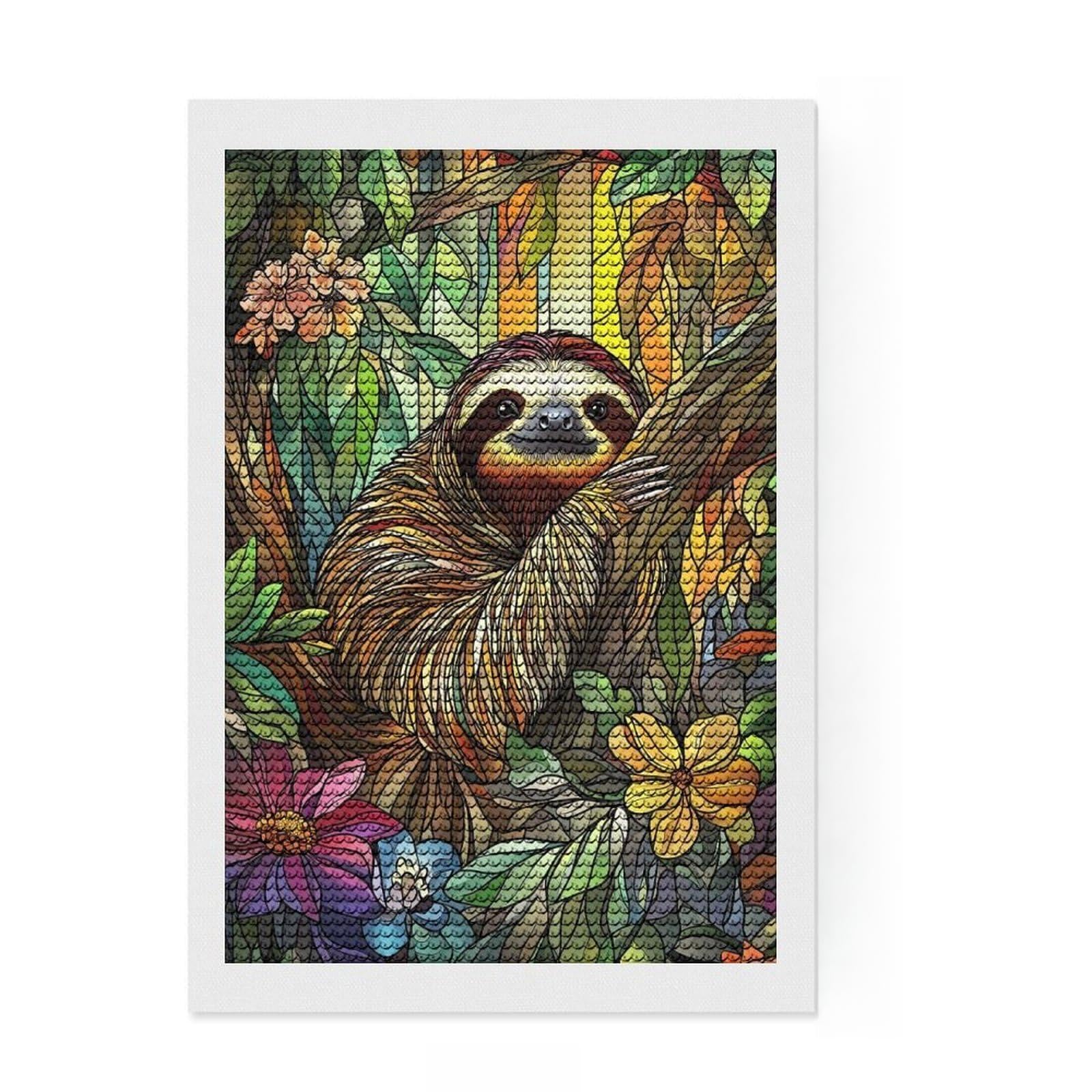 Junmoney Sloth in Jungle Stained Glass Full Drill Diamond Painting Kit 8"x12", Office Decor, for Beginners, Full Kit Included, Christmas Gift