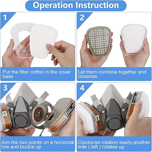 Miniatura 5 de Juego de cubierta reutilizable de media cara con gafas de seguridad y filtros contra el polvo, vapores orgánicos, polen de gas, productos químicos