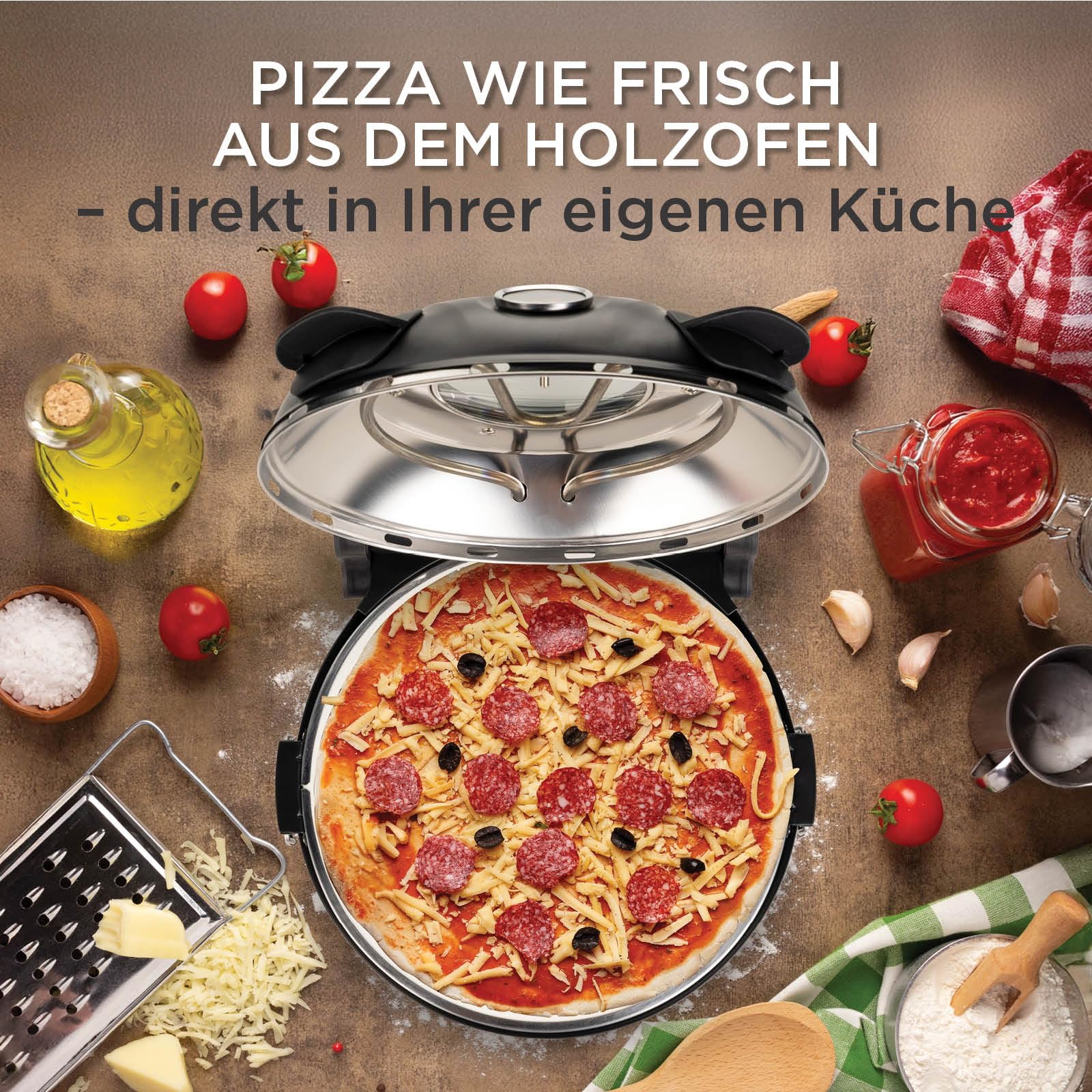 ROSMARINO Elektrischer Pizzaofen bis 400°C mit 30cm Pizzastein, 1200W Dual-Heizung oben & unten, Sichtfenster & Thermometer, Pizza Maker für authentische Pizza zuhause