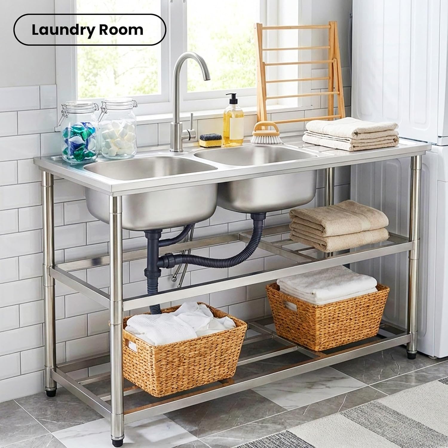 Utility Sink, 2 Compartment Stainless Steel Commercial Kitchen Prep & Utility Sink with Drainboard - Expanded Size 47" x 33" x 17"