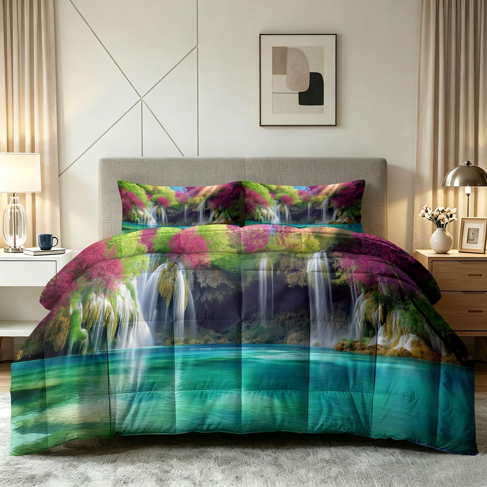 Edredón de lago y cascada de 155 x 220 cm para decorar el dormitorio con estilo surrealista
