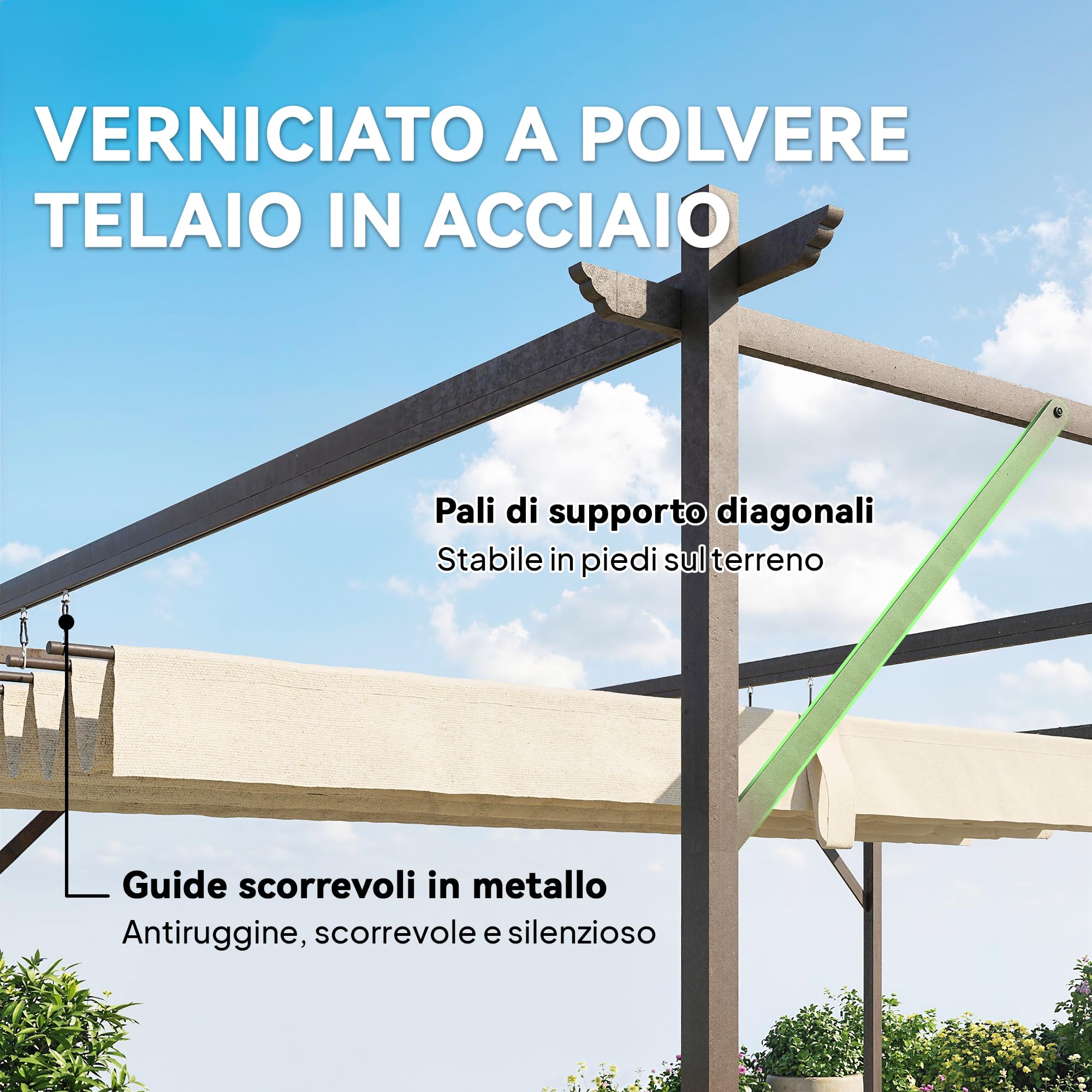 Outsunny Gazebo Pergola Addossata 3x3 m Tetto Retrattile Scorrevole Fori Drenaggio Pergolato Giardino Poliestere Acciaio Patio Terrazzo Esterno UV30+ Bianco Crema