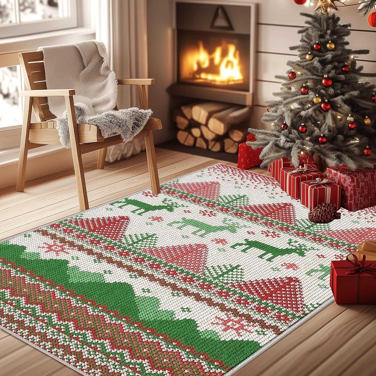 Alfombra Grande Salon con Diseño de árboles de Navidad y Renos Alfombra de Cocina Antideslizante Lavable Navideñas Alfombra Navidad de Decoración para Salon Entrada Cocina Baño,80x120cm