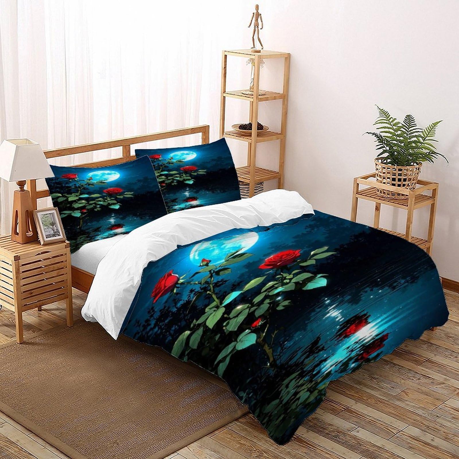 Housse de couette 3D Rose Lune 260x220cm avec taies d'oreiller végétales