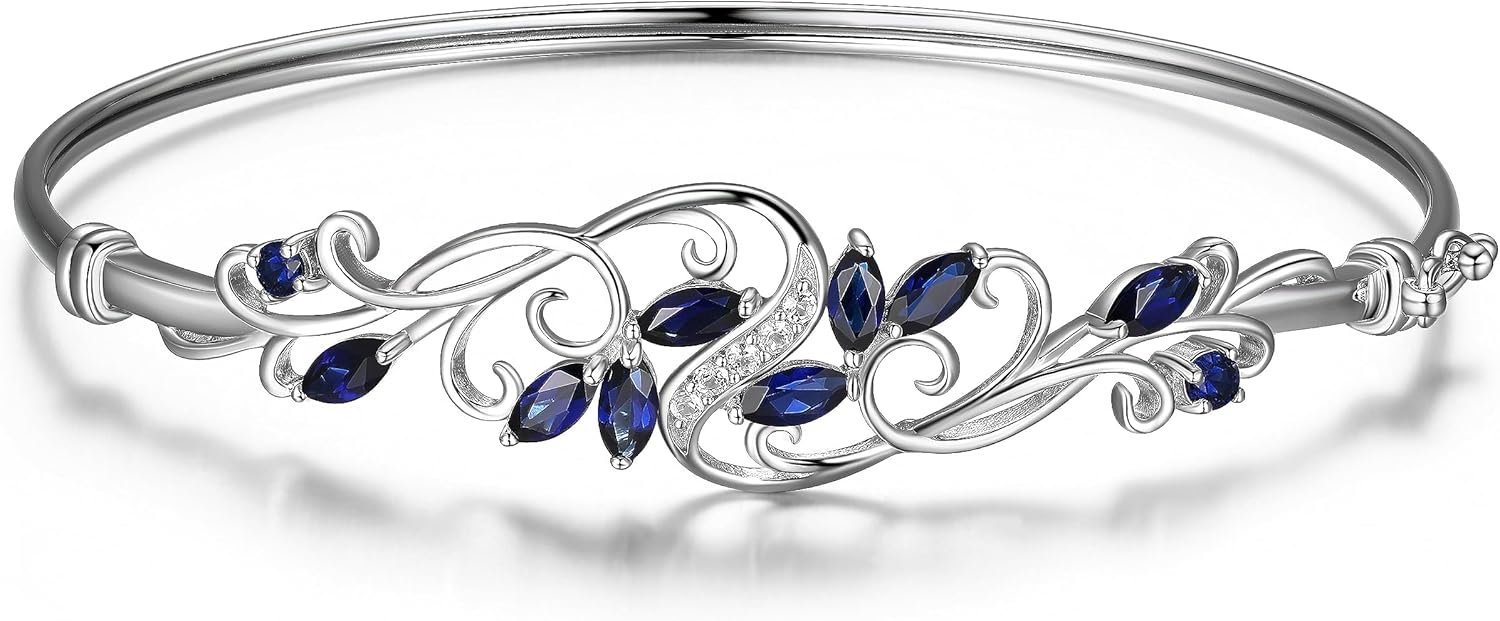 MORGAN & PAIGE .925 Sterling Silver Rhodium Plated Gemstone Elegant Bangle Bracelets for Women - Filigree Two-Tone Created Blue Sapphire & Cubic Zirconia or Genuine Amethyst & White Topaz, 7.25 inch