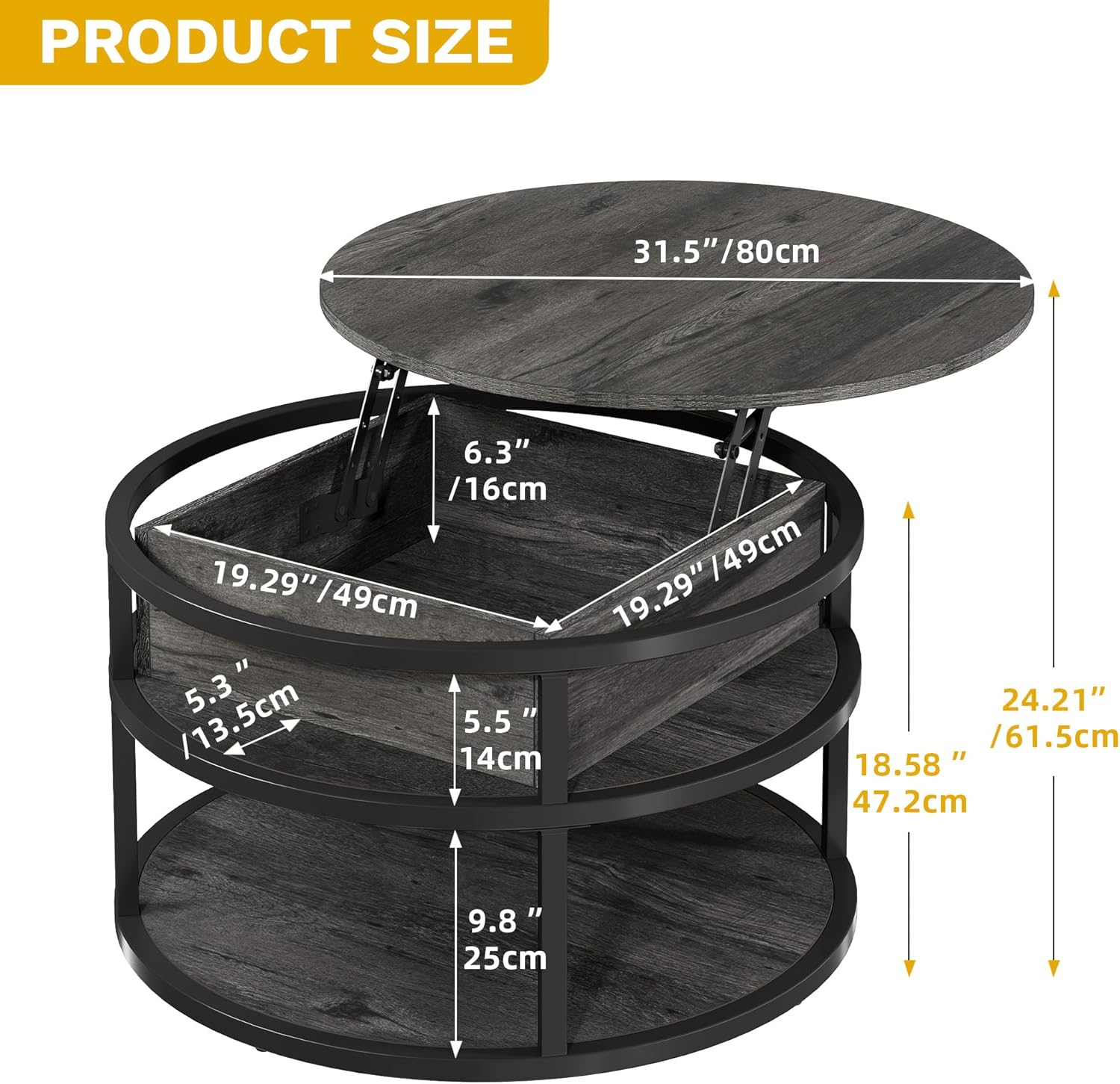 DWVO Round Coffee Tables for Living Room, Lift Top Coffee Table with Storage, Farmhouse Wood Coffee Table, Circle Small Coffee Tables Living Room for Home Decir Office, Grey