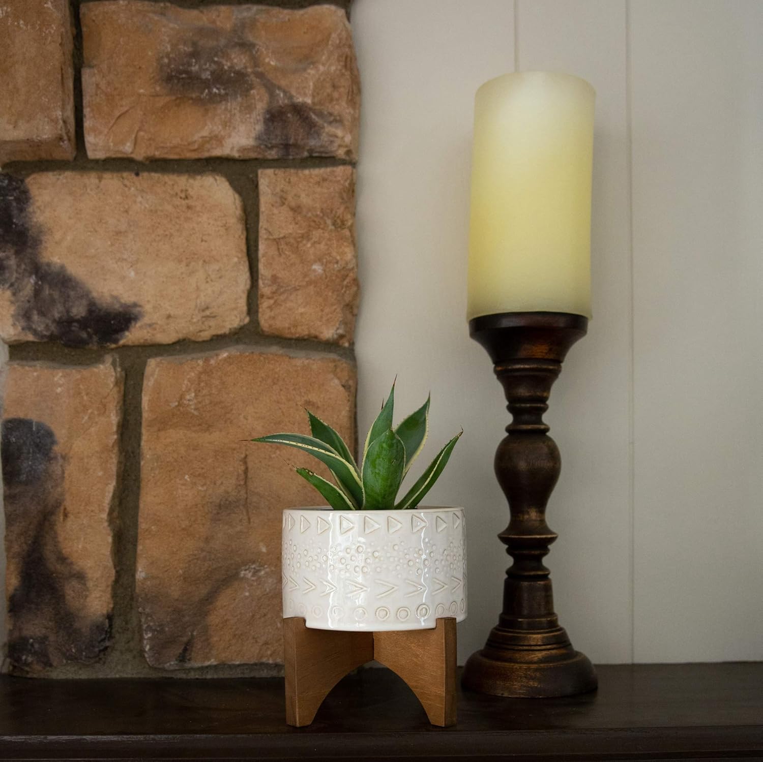 Flora Bunda Mid-Century 5 Inch Caveman Texture Ceramic Planter on Wood Stand, Ivory Caveman 5"