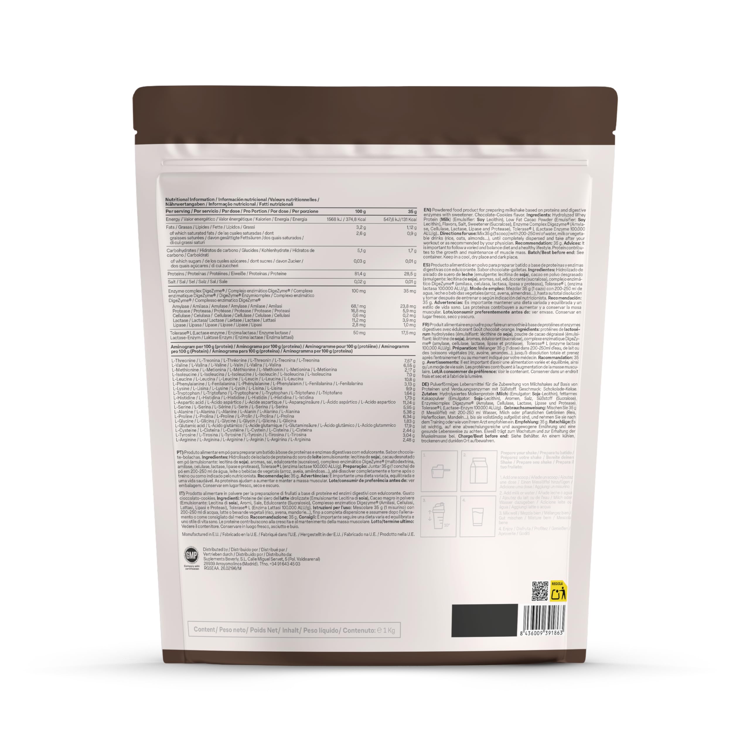 Beverly HYDRO PROTEIN - Protéine de Lactosérum Hydrolysées avec Digezyme et Tolerase - 1 kg - 29 g Protéin par portion - 28 portions - Excellente digestibilité - Saveur Biscuits au chocolat