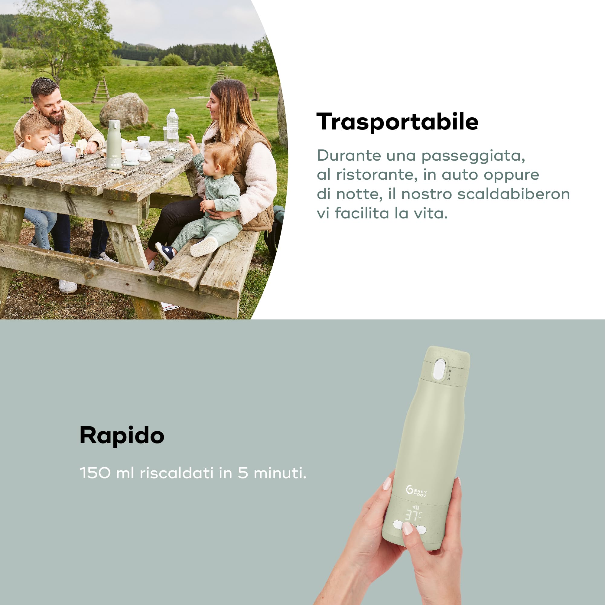 Babymoov Scaldabiberon da viaggio senza filo Moov & Feed - Capacità 340 ml - Acqua o latte materno - Temperatura regolabile - Mantenimento al caldo (fino a 7 ore) - Ricarica USB - Garanzia a vita - Sage green