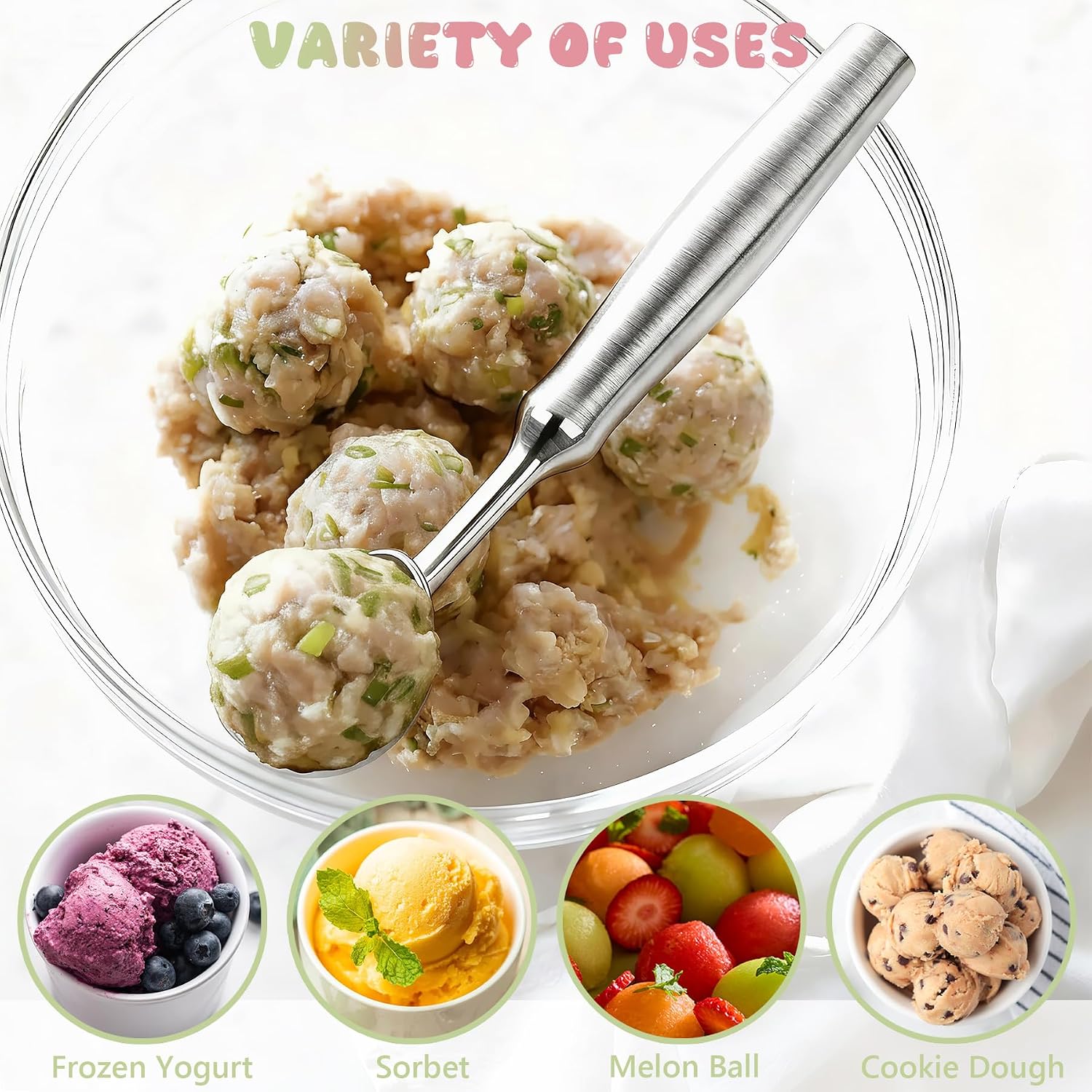 Stainless Steel Ice Cream Scoop, Ice Cream Scooper for Gelato, Sorbet, Cookie Dough, Melon, Frozen Yogurt, One Piece Metal Ice Cream Spoon, Dishwasher Safe, Comfortable Grip