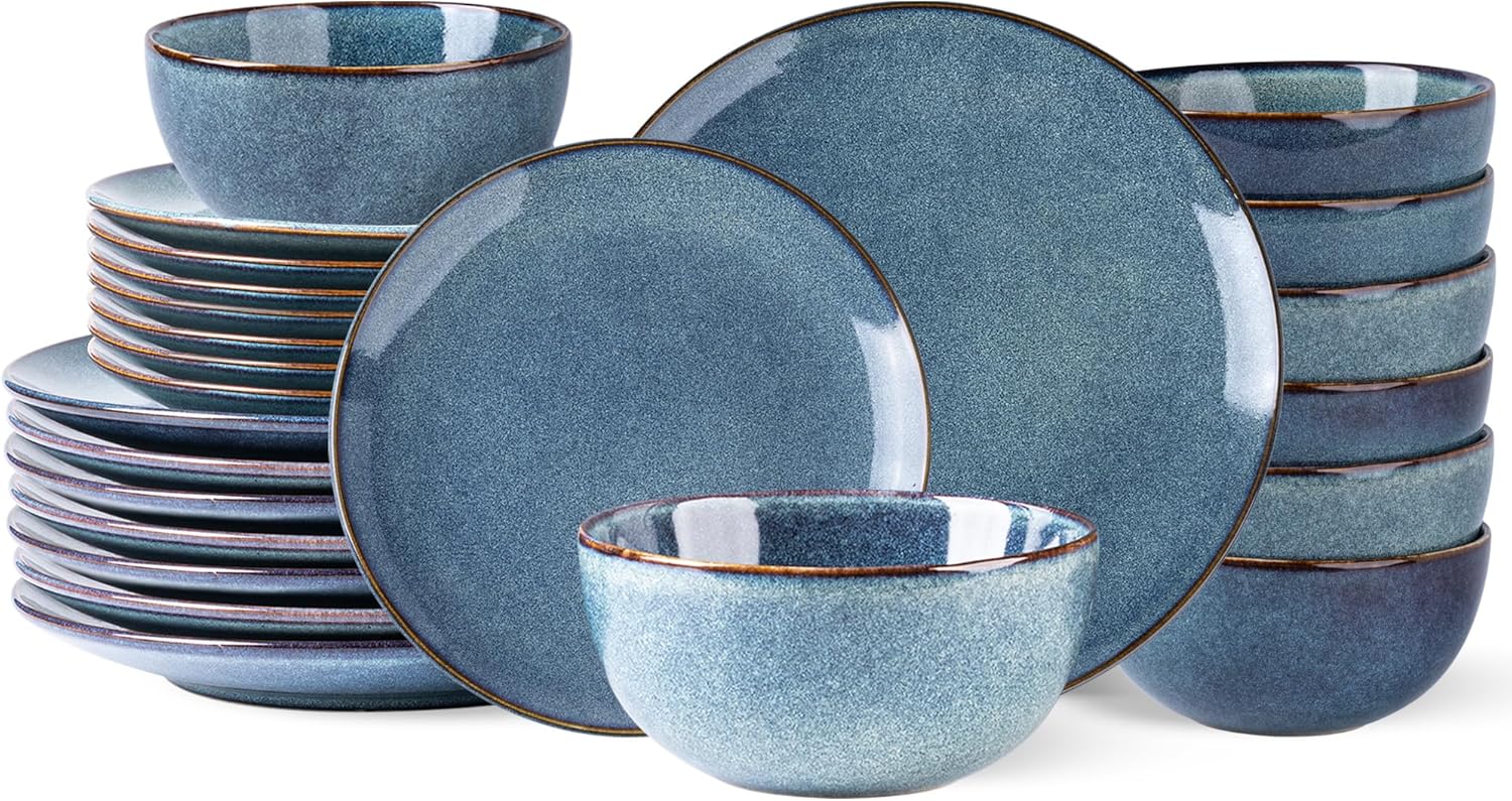 AmorArc Ceramic Dinnerware Sets for 8, 24 Pieces Handpainted Plates and Bowls Set, Scratch Resistant Stoneware Dishes Set, Dishwasher & Microwave Safe, Ceylon Blue