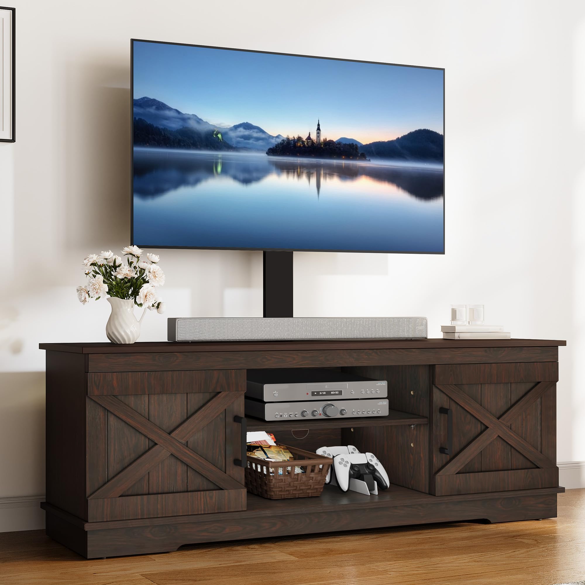 YITAHOME Farmhouse TV Stand with Mount, Sturdy TV Stand Mount for 32/45/55/60/65/70 inch TVs, Entertainment Center with Adjustable Shelf, TV Cabinet Media Console for Living Room, Espresso