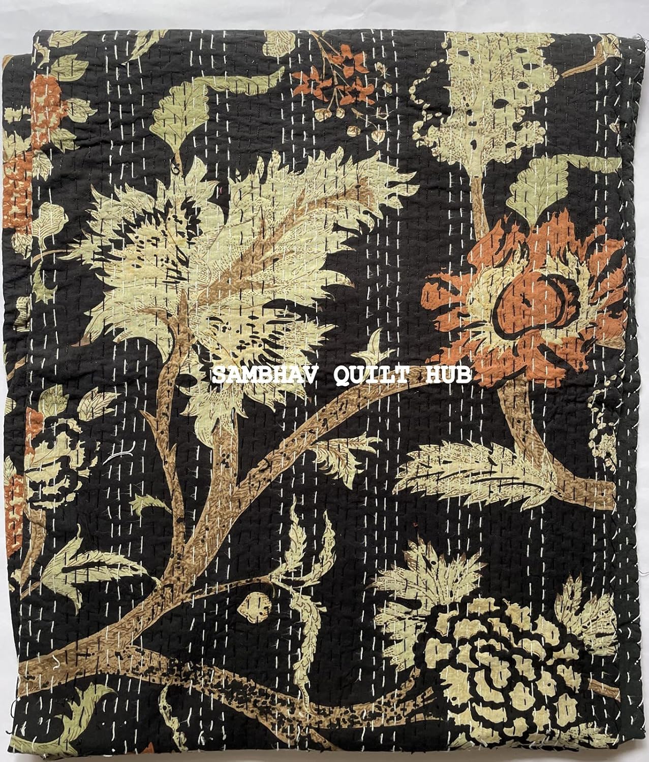 Hand Block Floral Print Handmade Cotton Block Kantha Quilting Boho Bedding Throw Blanket Hippie Queen/King Size Bohemian Floral Kantha Quilt (Black, 90X108 inch)