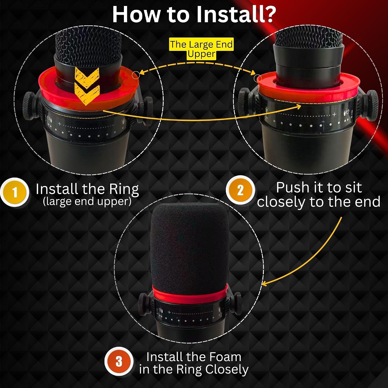 Black Pop Filter Compatible with Shure MV7 MV7X Mic Windscreen Replacement with High Dense Foam and Red Retainer Ring Accent for Gaming Streamer Setup