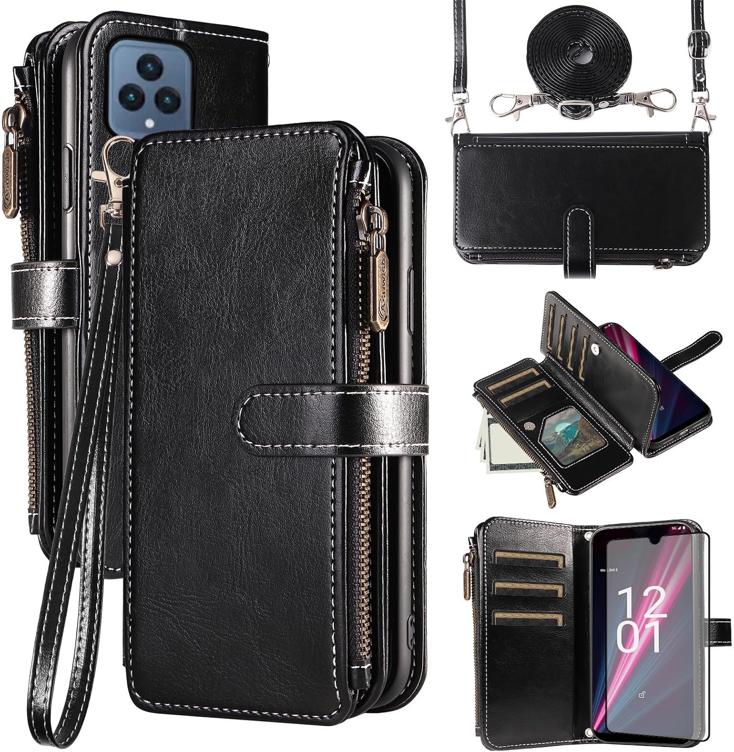 Asuwish Phone Case for T-Mobile Revvl 6/6X 5G Cover with Screen Protector and Zipper Wallet Card Holder Slot Stand Cell Tmobile Revvl6 X Revvl6X T Mobile Revvl6X5G Revel Tmo Revell Rebel TCL Black