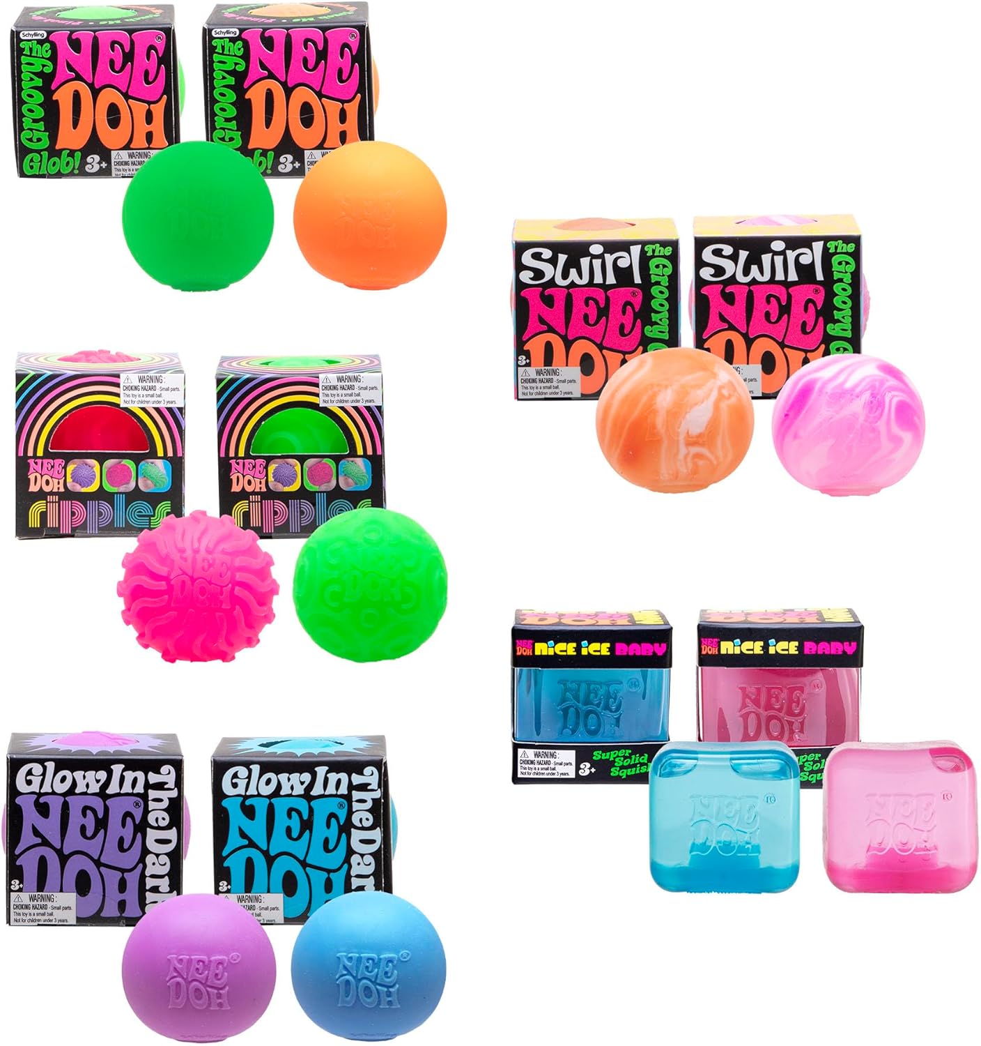 NeeDoh Teenie 10-Pack - 5 Styles of Teenie Squishies- Nice Ice Baby, Original, Swirl, Ripples, Glow - Ages 3 and Up - 10 Teenies Per Pack