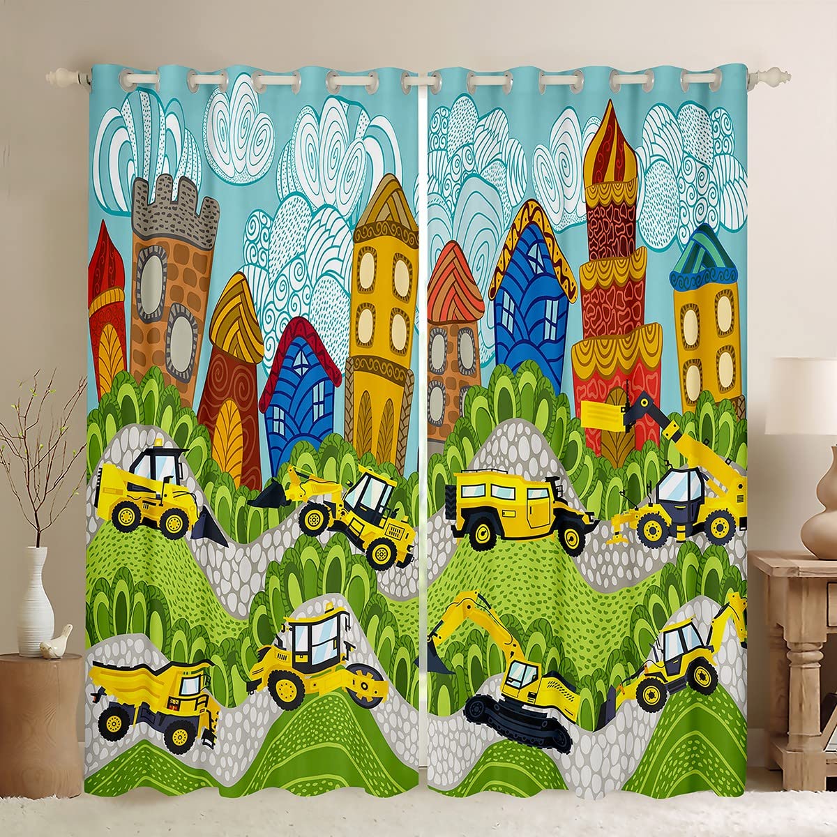 Cartoon World - Cortina para Excavadora de construcción de Dibujos Animados para vehículos, Camiones, Coches, Cortinas Opacas (30% a 50%) para Dormitorio, maquinaria, Excavadora, tratamientos de v