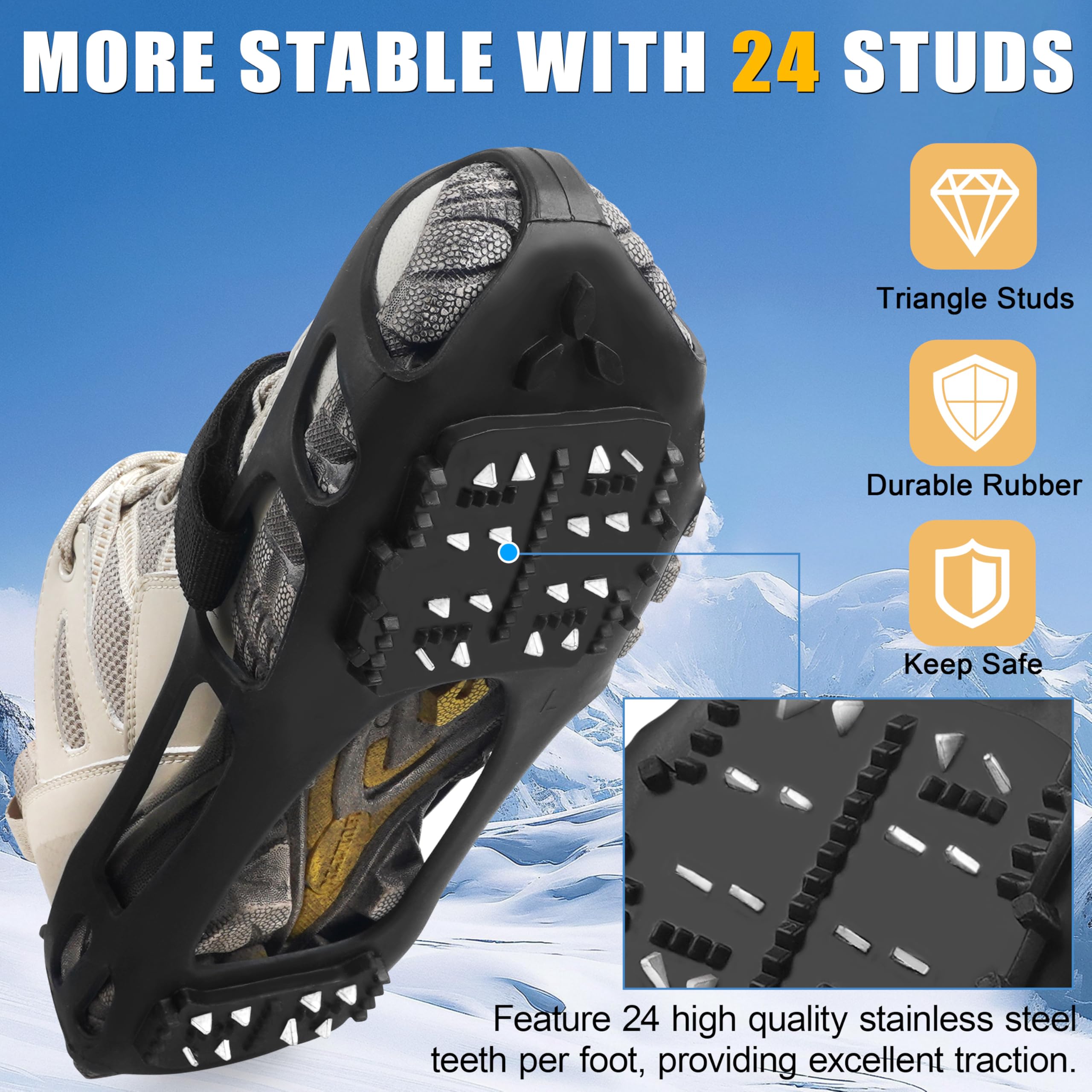 Ice Cleats Snow Traction Cleats Crampons for Walking on Snow and Ice 24 Steel Cleat for Boots Shoes Men Women Kids Anti Slip Stretch Footwear for Hiking Jogging