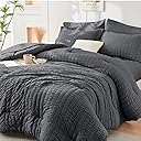 HYMOKEGE Full Size Comforter Sets Seersucker 7 Pieces, All Season Luxury Bed in a Bag for Bedroom, Bedding Set with Comforters, Sheets, Pillowcases & Shams, Dark Grey