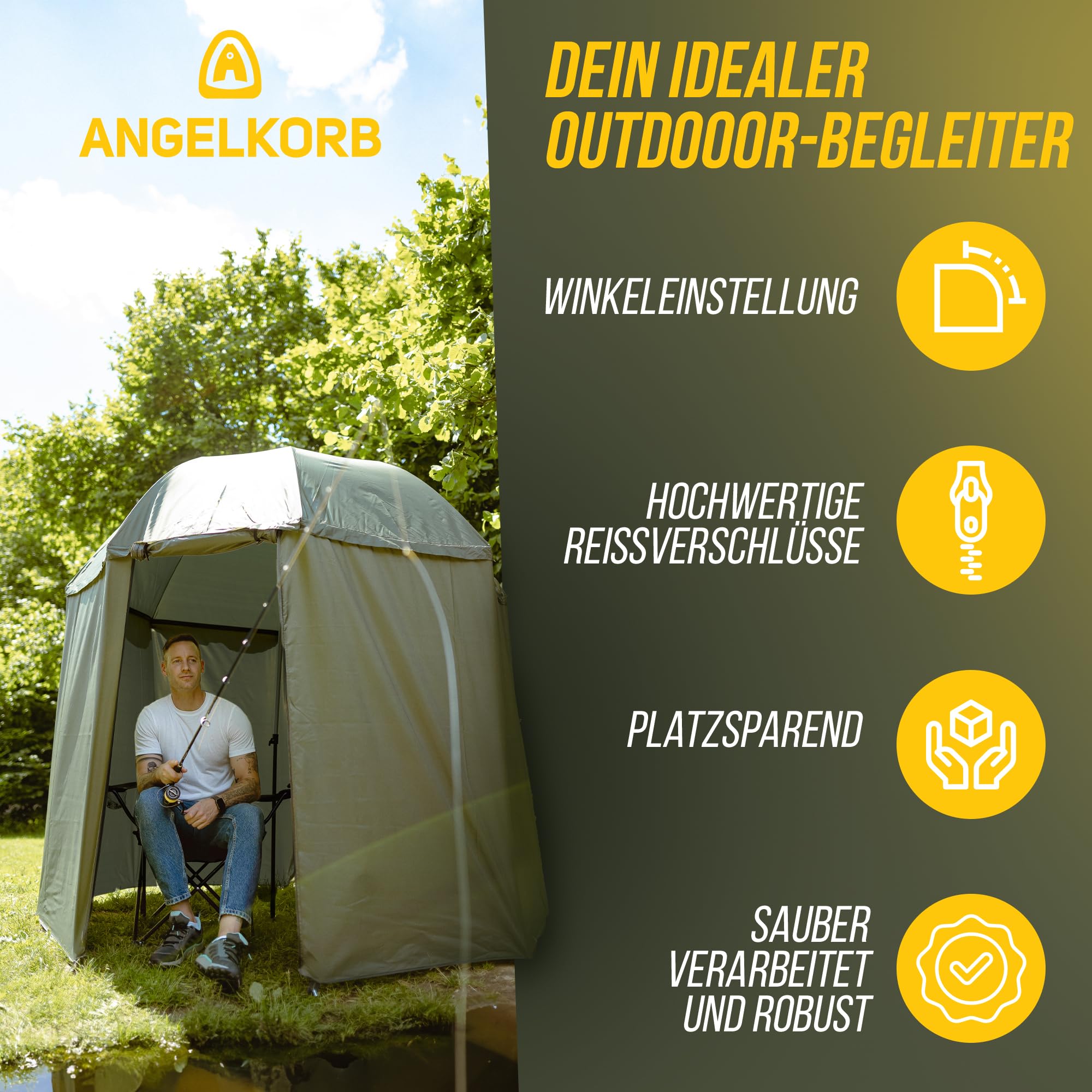 Angelschirm mit Seitenwand 2,50 m – Angel Sonnenschirm & Schirmzelt, wasserabweisend, Moskitoschutz, 45° neigbar – Karpfenzelt für Camping & Outdoor
