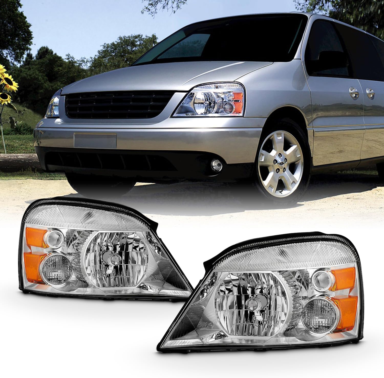 AKKON - Fits 2004-2007 Ford Freestar 04-07 Mercury Monterey Chrome Headlights Pair Driver Left+Passenger Right 2005 2006