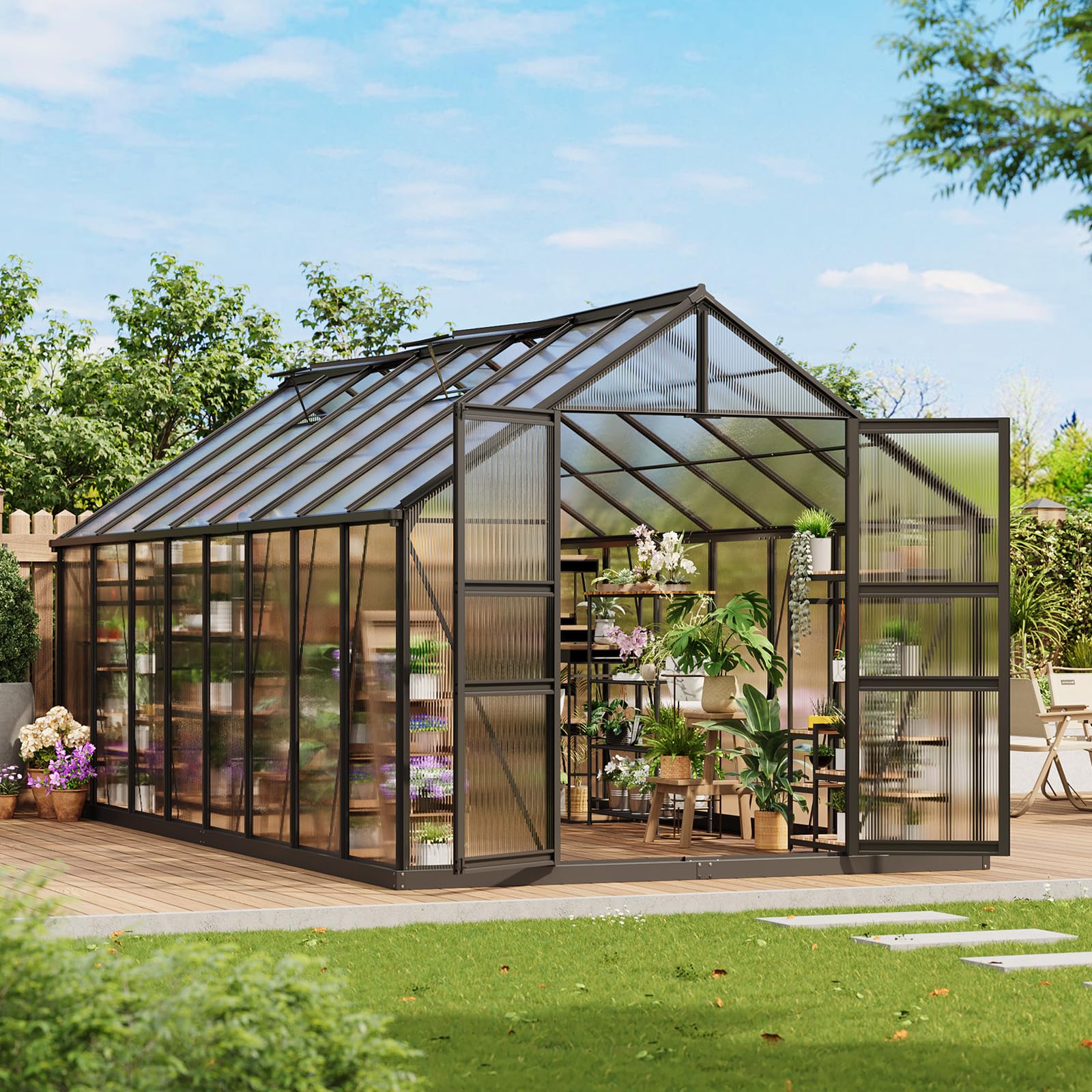 Photo 1 of 8×16 FT Aluminum Polycarbonate Greenhouse, Easy Assembly Walk-in Greenhouse with Roof Vent & Lockable Door, Heavy Duty Outdoor Greenhouse for Patio, Backyard, Garden, Sunroom, Black