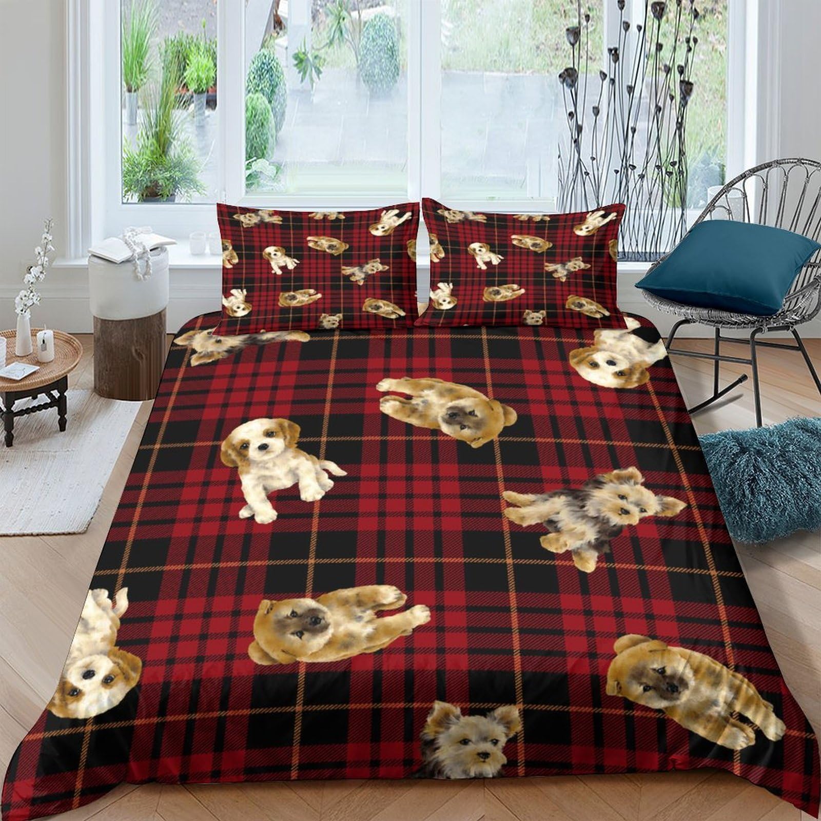 Ctjqhvkz Style-2 3D Printed Plaid Puppy Fitted Sheet Microfiber Soft Bedroom Decor Dog Pattern Mattress Cover Washable Single（135X200cm）