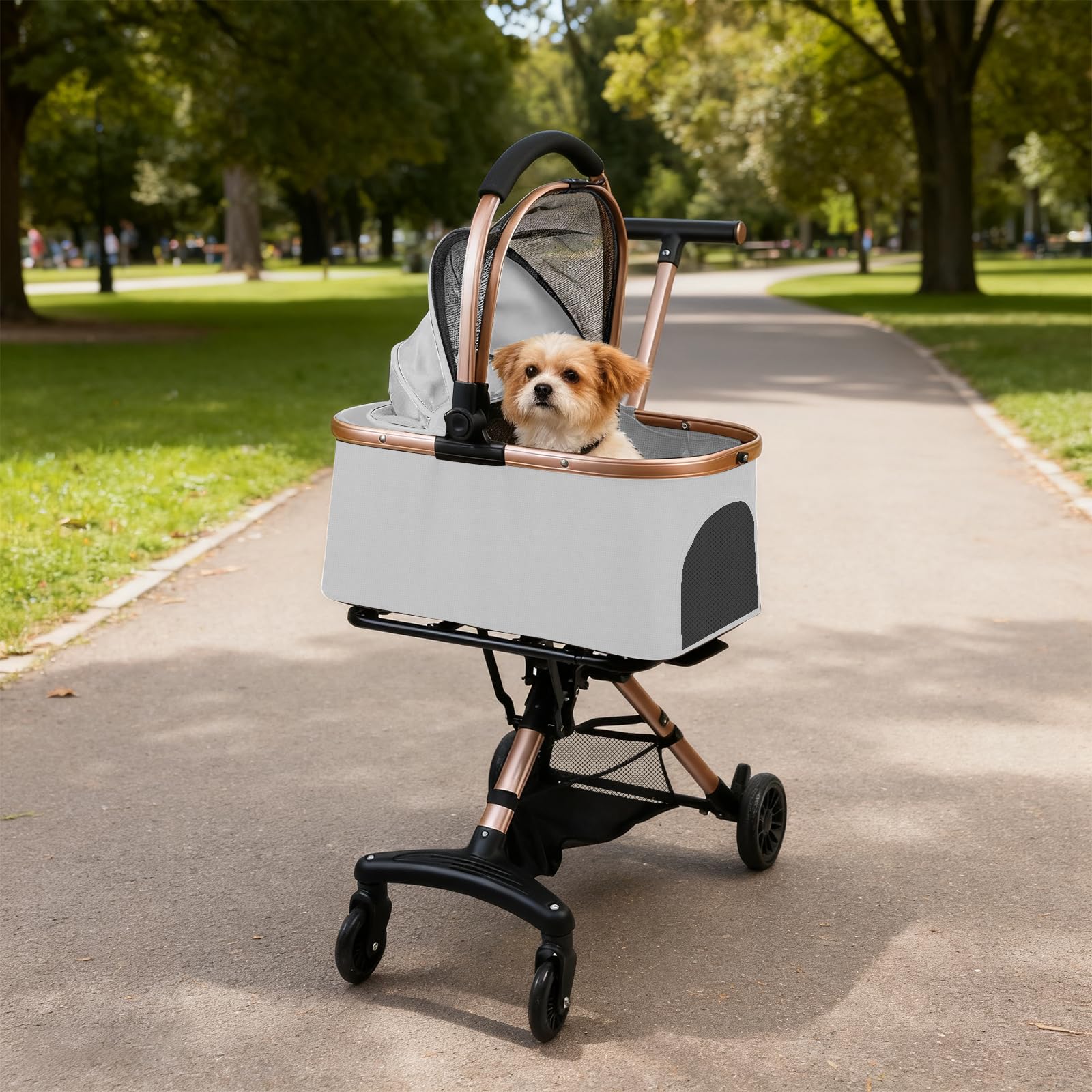 Poussette Chien 3 en1,Chariot Chien Pliable,Jusqu'à 15 kg, Poussette Chat avec Roues avec Freins,Fenêtre en Maille,Poche de Rangement et Poignée Réglable,Les Petits Chiens et Chats (gris)