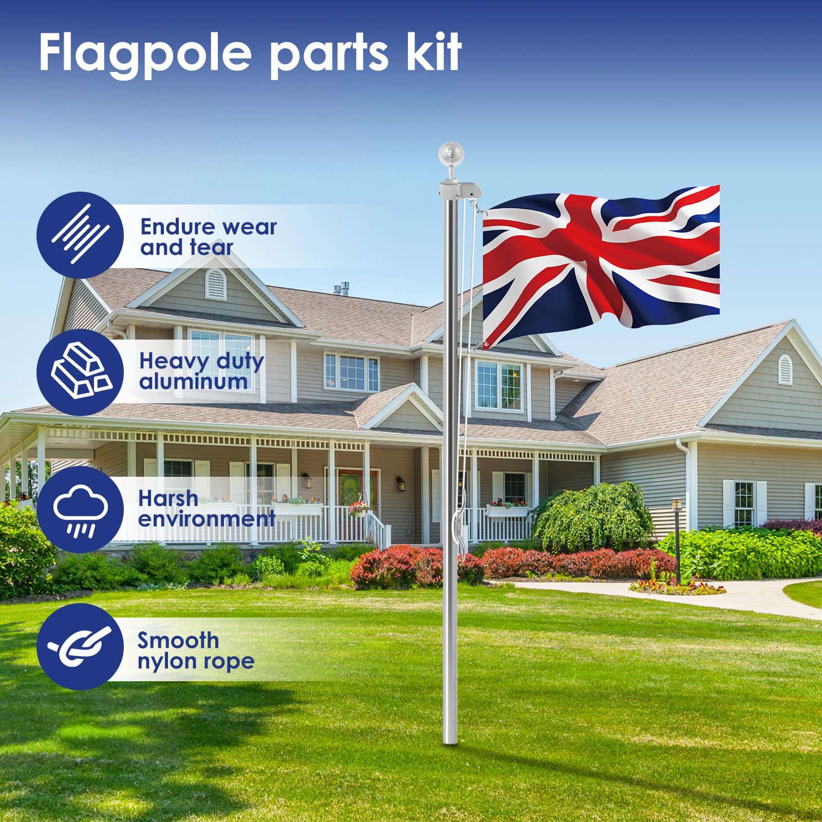 Kit Complet Réparation Mât Drapeau Jardin – Poulie, Boule Dorée, Corde Tressée, Clip & Goujon – Installation Facile