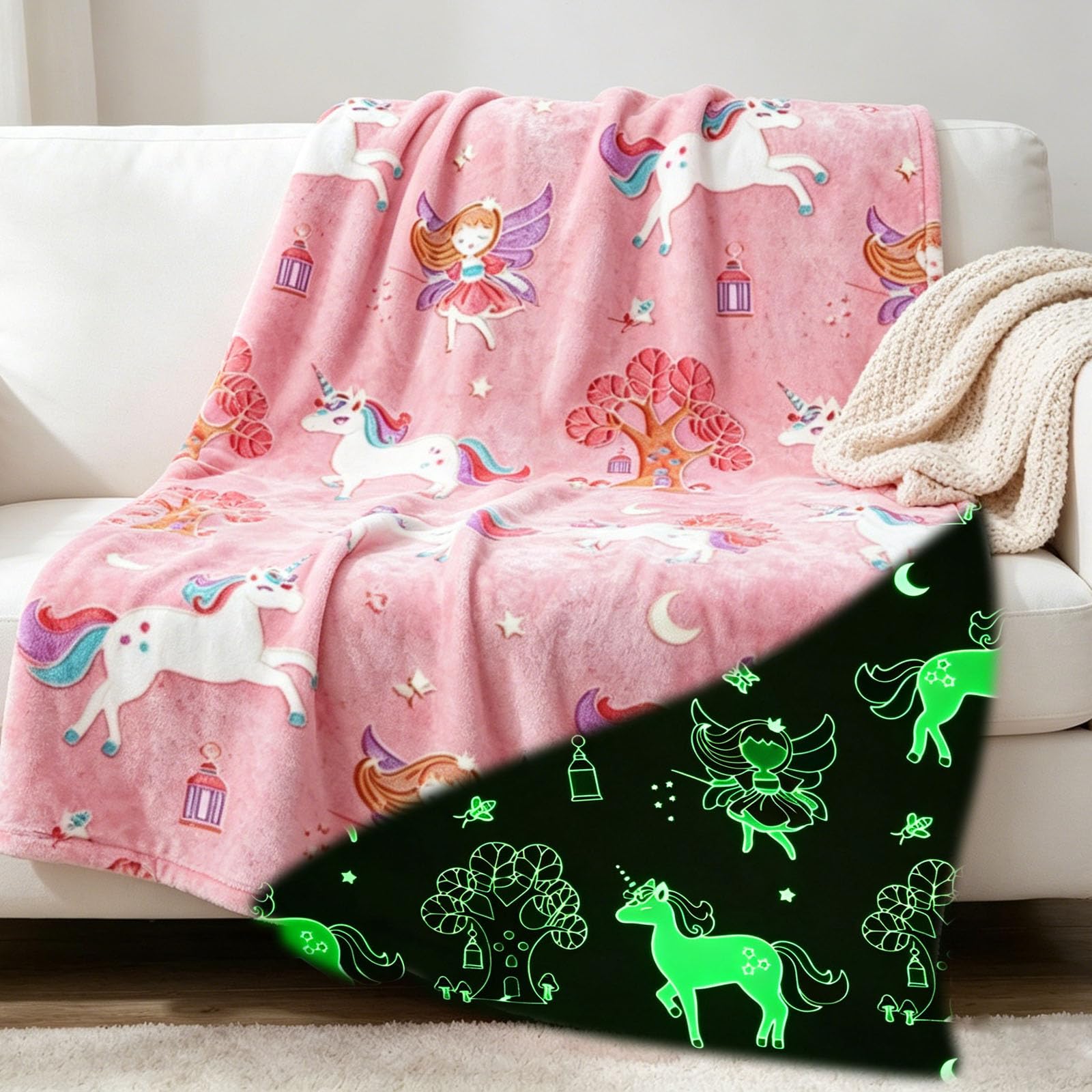 Kuscheldecke Kinder Einhorn/Dinosaurier/Schmetterlinge Decke Kuscheldecke Leuchtet im Dunkeln Einhorn Tiere Geschenke für Jungen und Mädchen Weiche und Warme Decke (Einhorn A, 130x150cm)