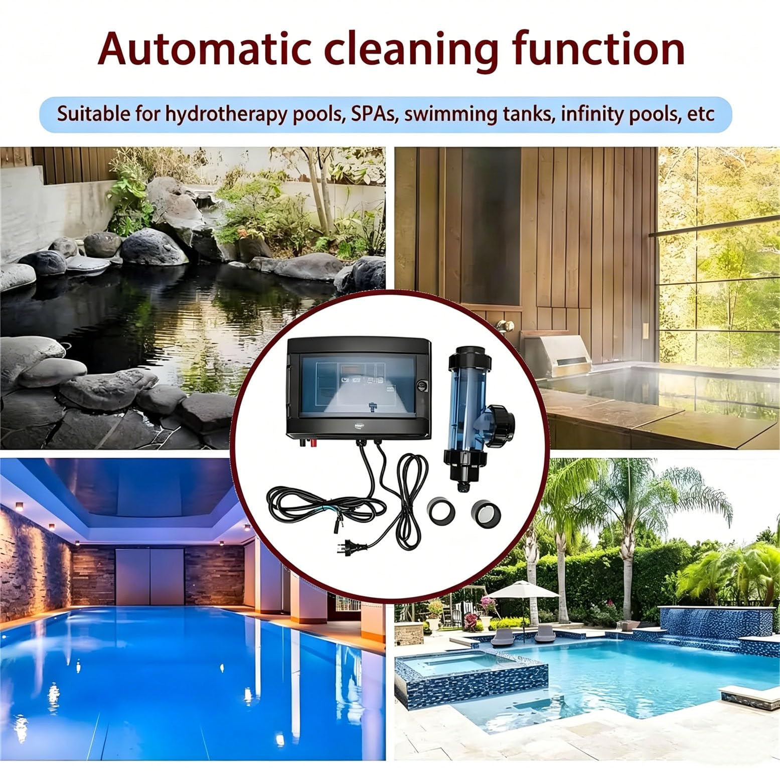 Generador automático de Cloro salino para Piscinas, clorador salino con protección de Temperatura del Agua (10-40 °C), 8 g/12 g/16 g/20 g para jacuzzis y spas. 10g15m³