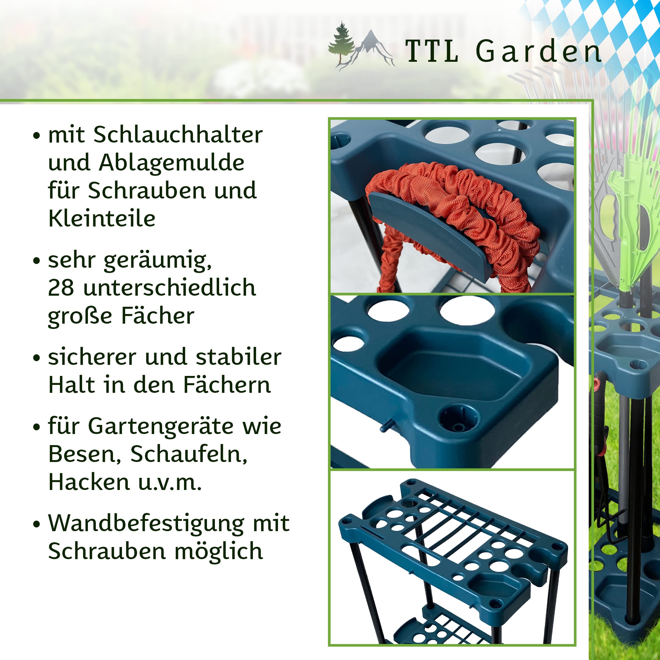 TTL Garden Support Rectangulaire Pour Outils De Jardin 61 X 58 X 31 Cm Vert – 28 Compartiments Support Et Organiseur Pour Le Rangement De Balais Beches Rateaux Et Outils De Jardin