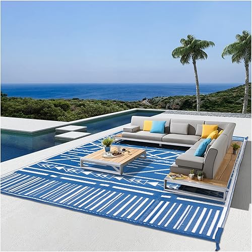 Alfombra impermeable de 6 x 9 pies para patio, caravana, camping con 4 estacas de bucles de esquina, alfombra de paja de plástico grande para