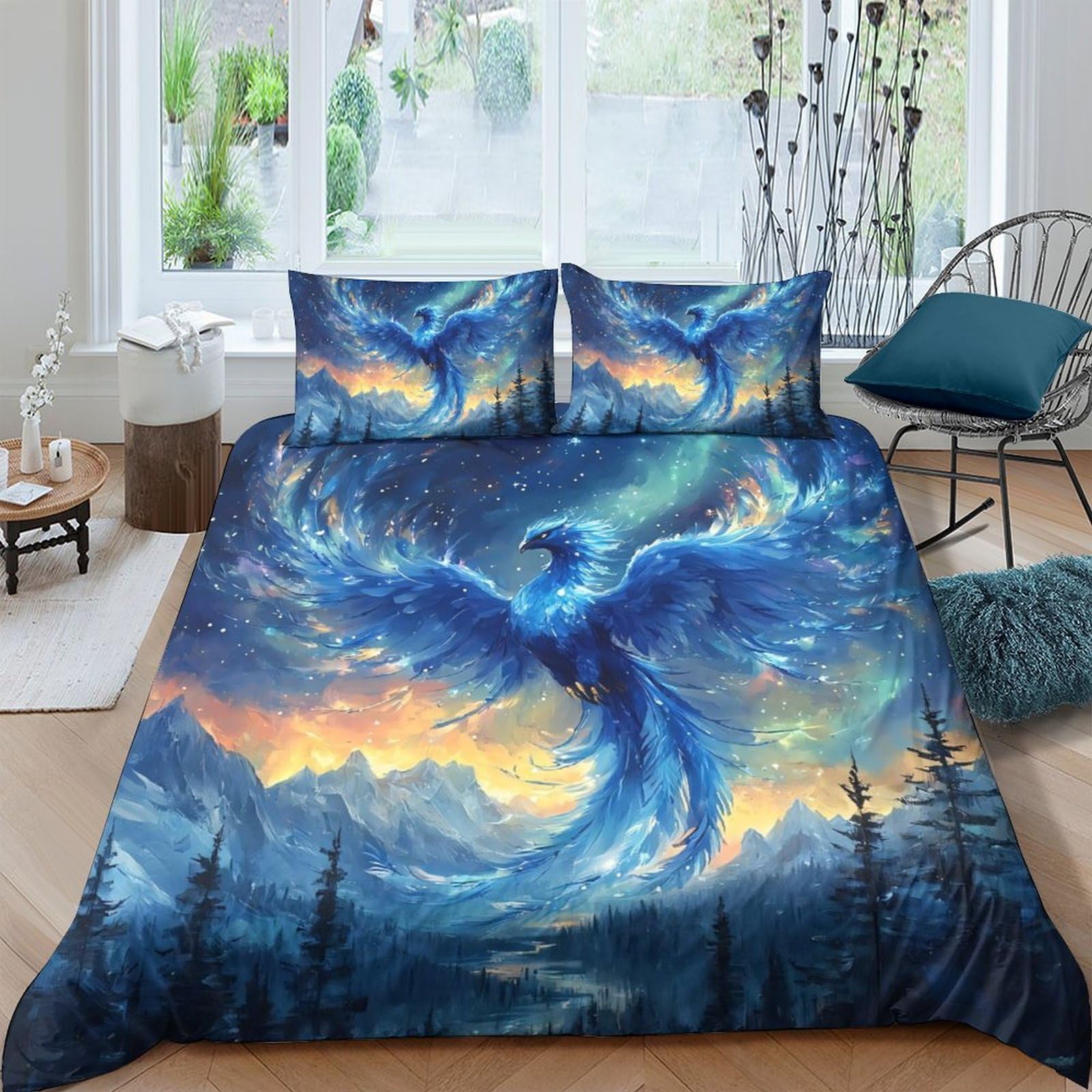 Ctjqhvkz Style-2 3D Printed Blue Phoenix Fitted Sheet Microfiber Soft Sunrise Fantasy Mattress Cover For Bedroom Dorm Decor Single（135X200cm）